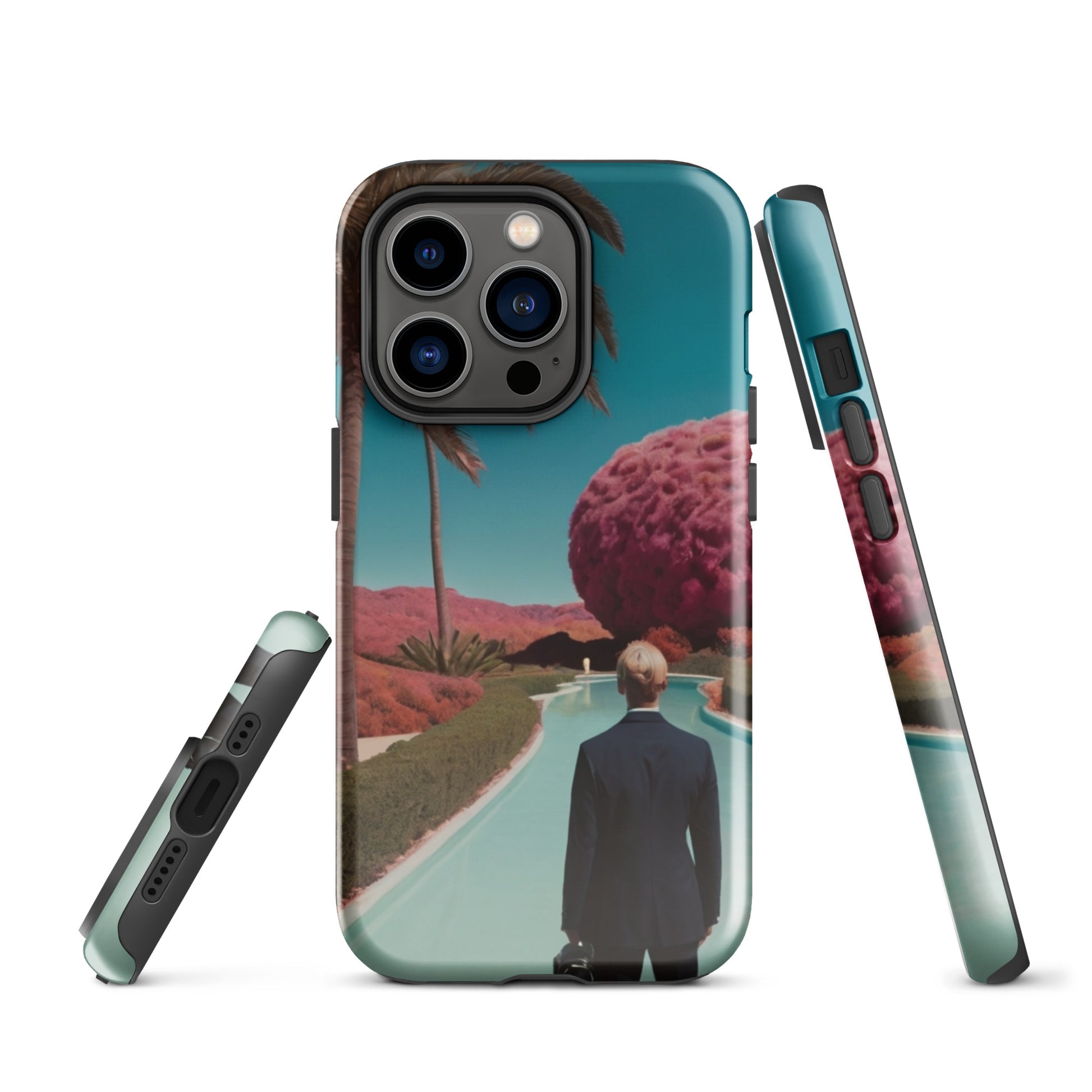 iPhone tough case front view, teal scenic artwork with raised camera guard and side buttons