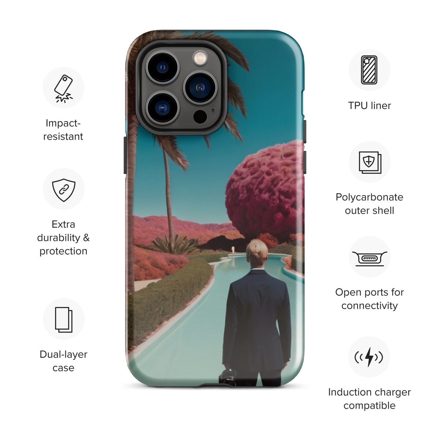 iPhone tough case with teal landscape graphic, raised camera cover and feather detail