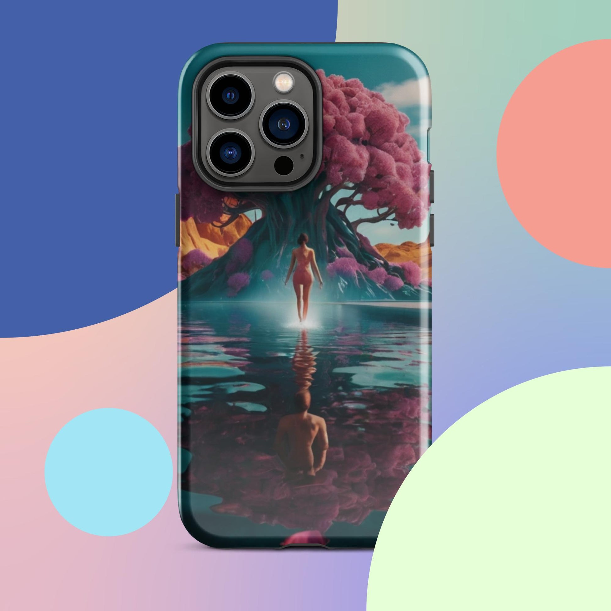 Teal iPhone tough case featuring illustrated path, pink tree canopy, and reflective water