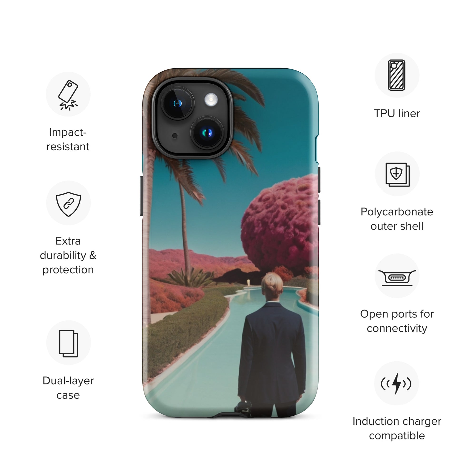 iPhone tough case with teal landscape graphic, visible lens cutouts and protective bumper