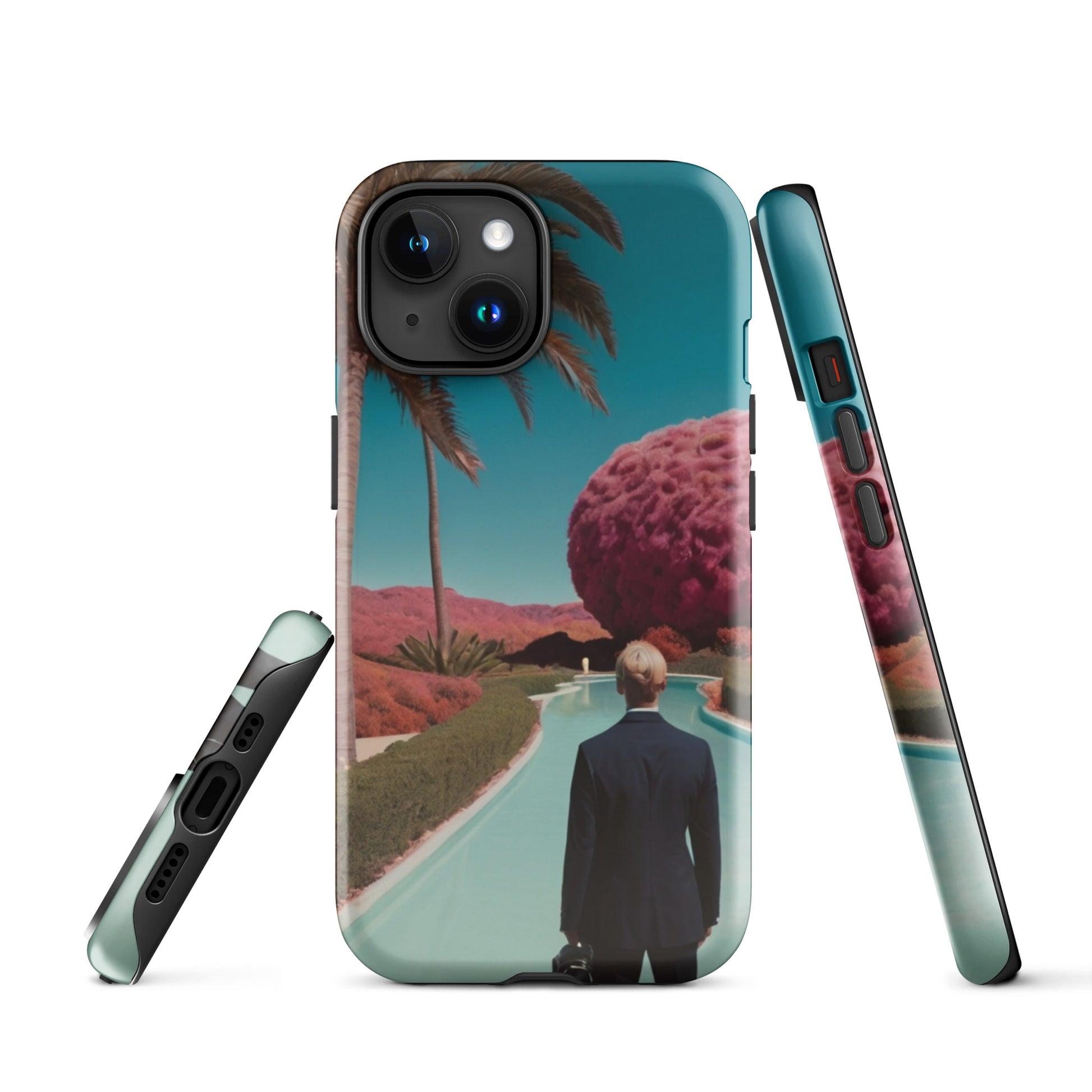 iPhone tough case front with visible camera lenses, teal scenic artwork and rugged corners
