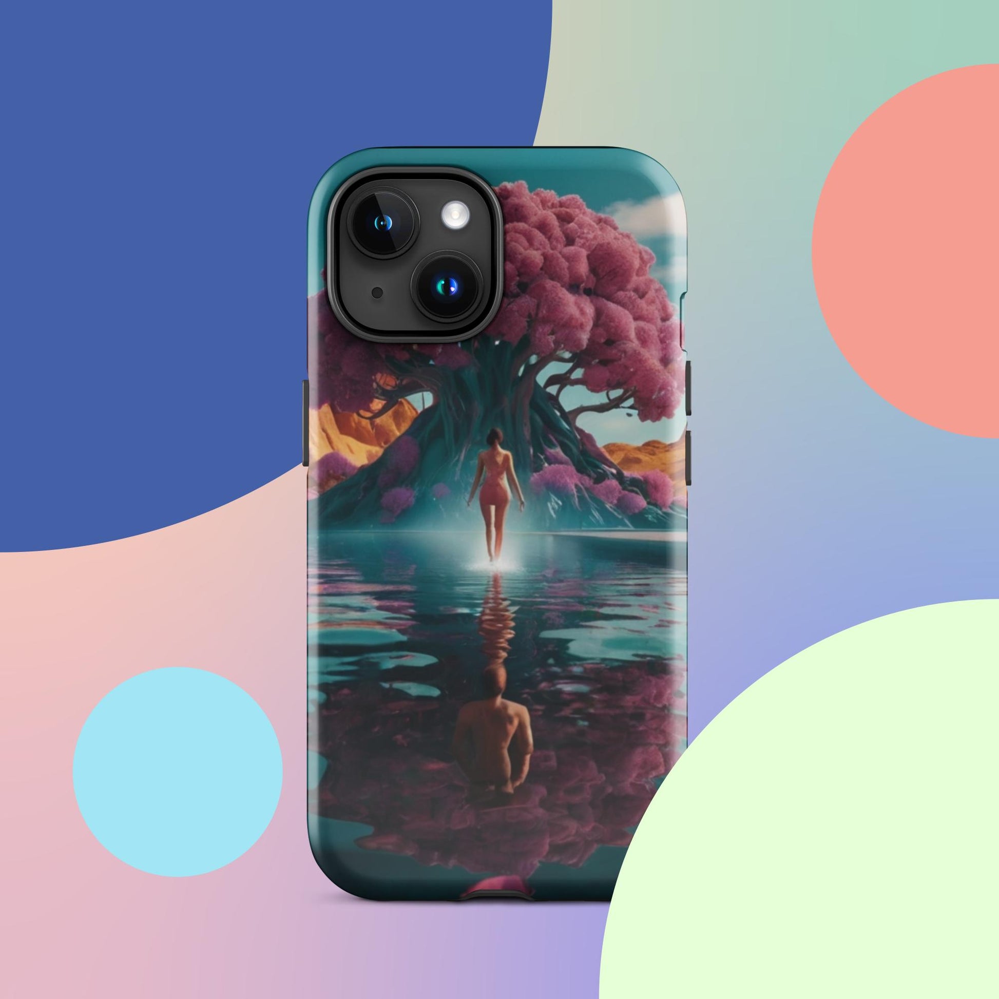 Teal iPhone tough case with illustrated woman figure, pink blossoming tree, and calm water