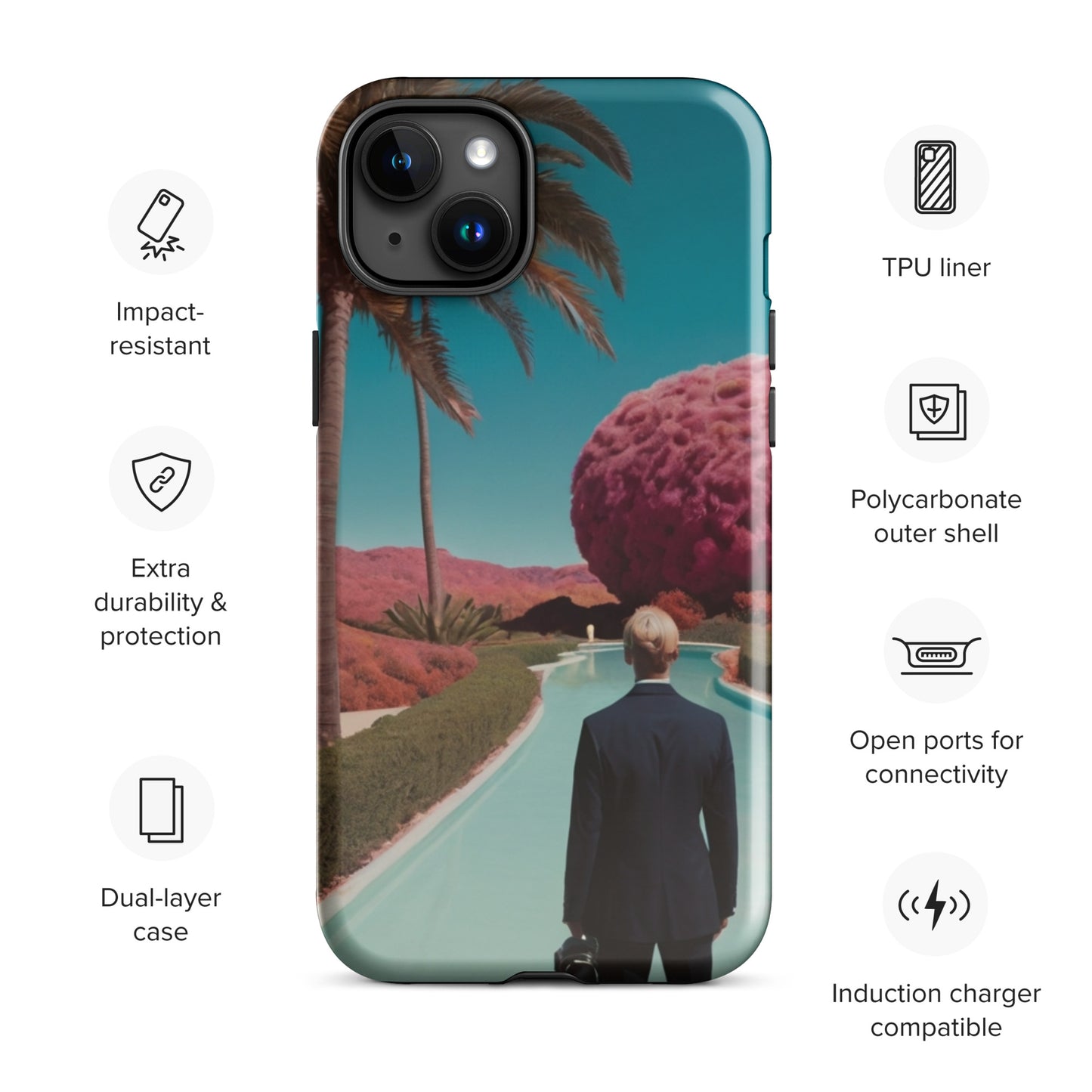 iPhone tough case with teal landscape graphic, feather accent, full front camera area