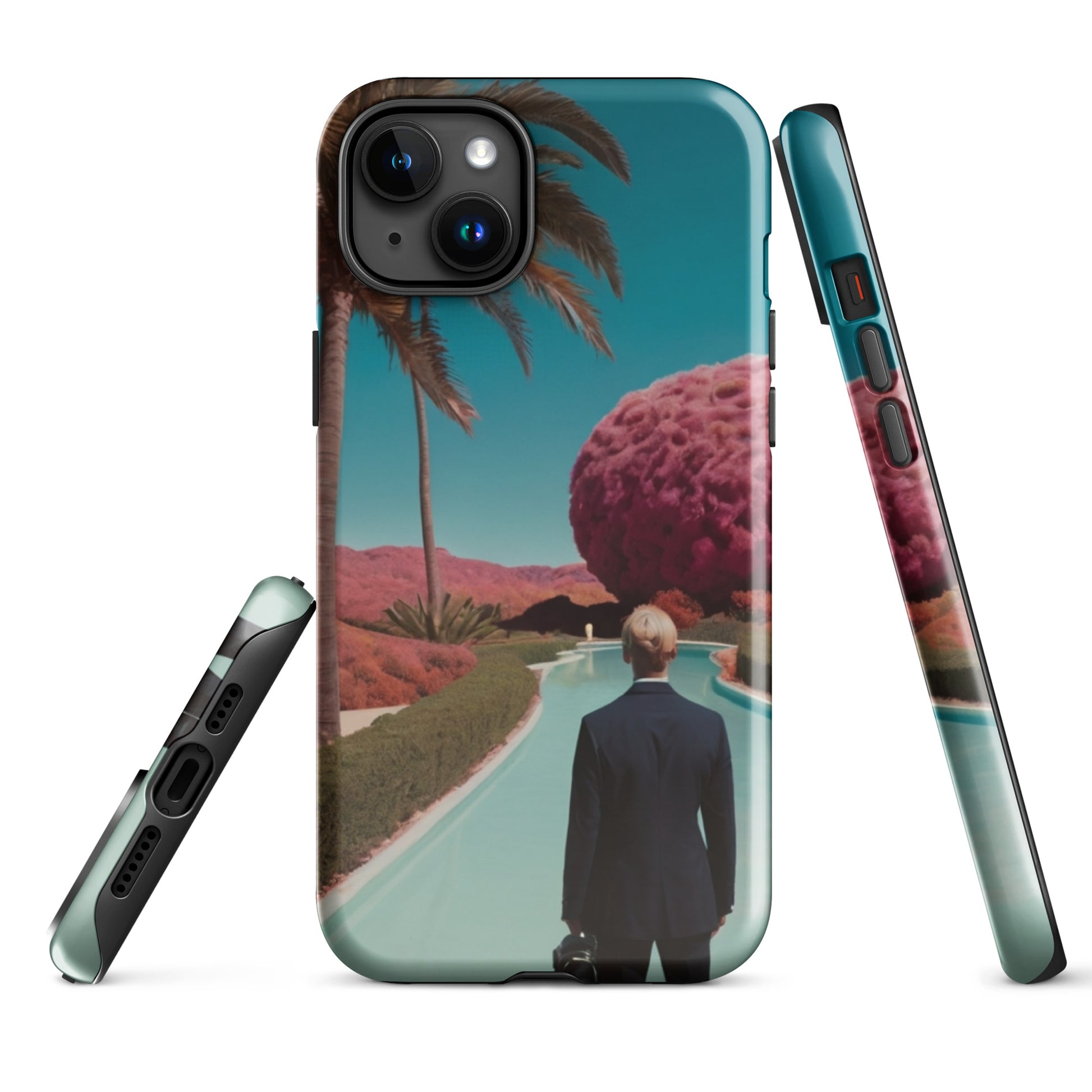 iPhone tough case front view with side panel, teal scenic print and textured bumper edges