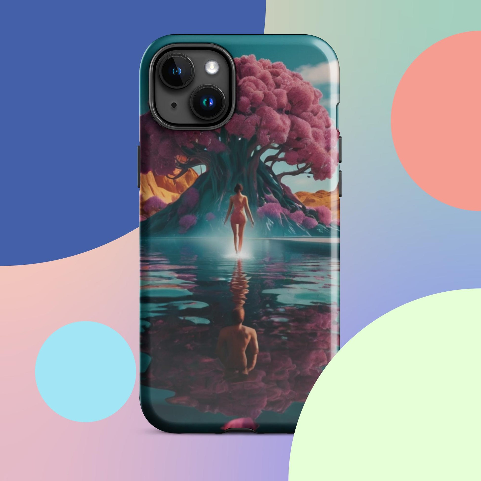 Teal iPhone tough case showing illustrated glowing figure, pink blossoms, and mirror-like water