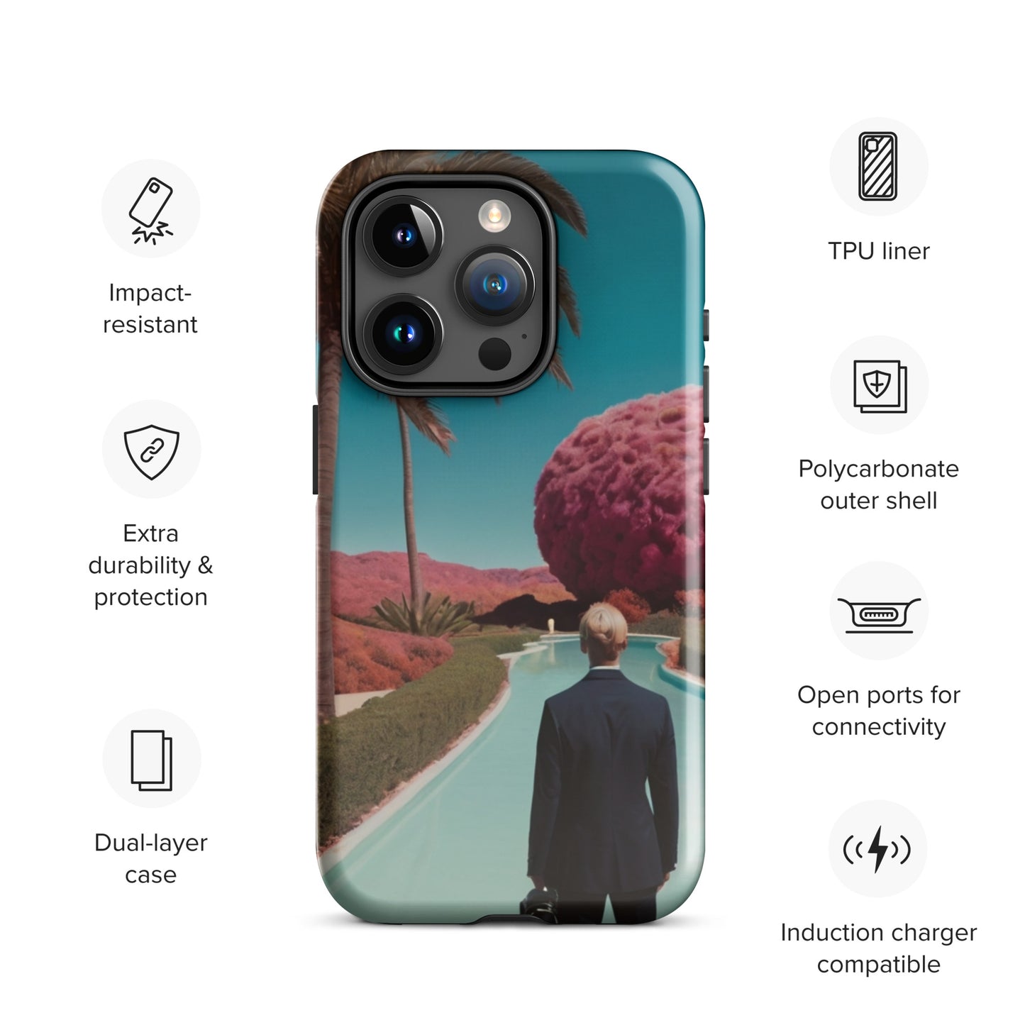Tough iPhone case with teal landscape design, centered figure, raised camera cutouts