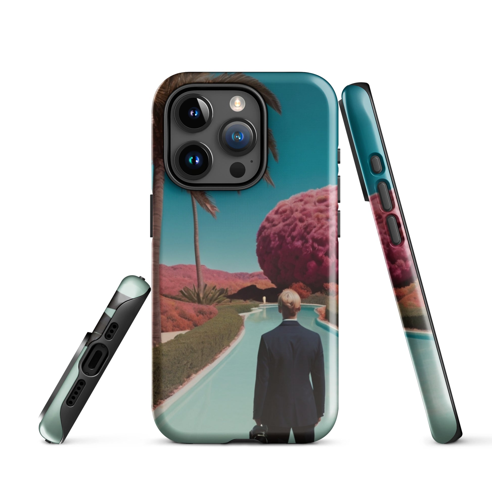 iPhone tough case front and side, teal scenic graphic with camera cutout and speaker openings