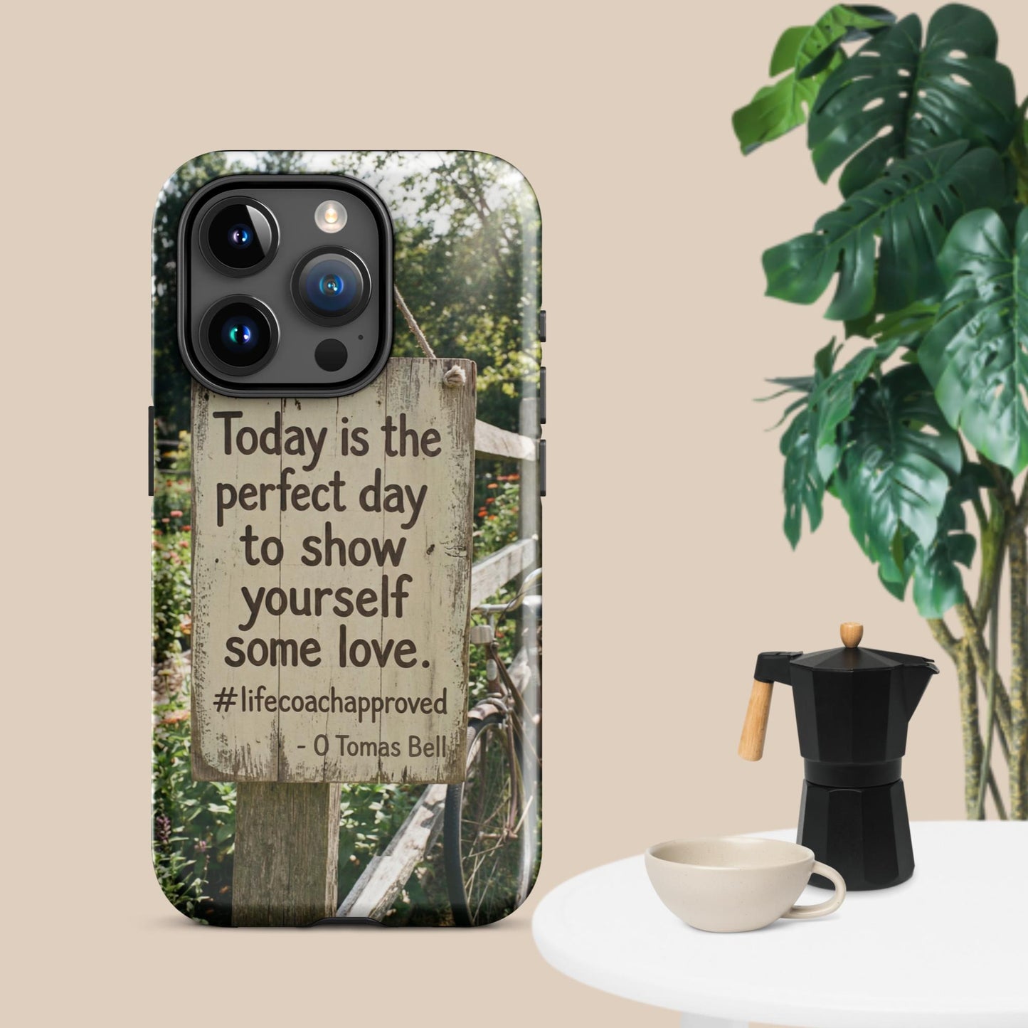 Phone case with “Today is the perfect day” wooden sign design and camera openings