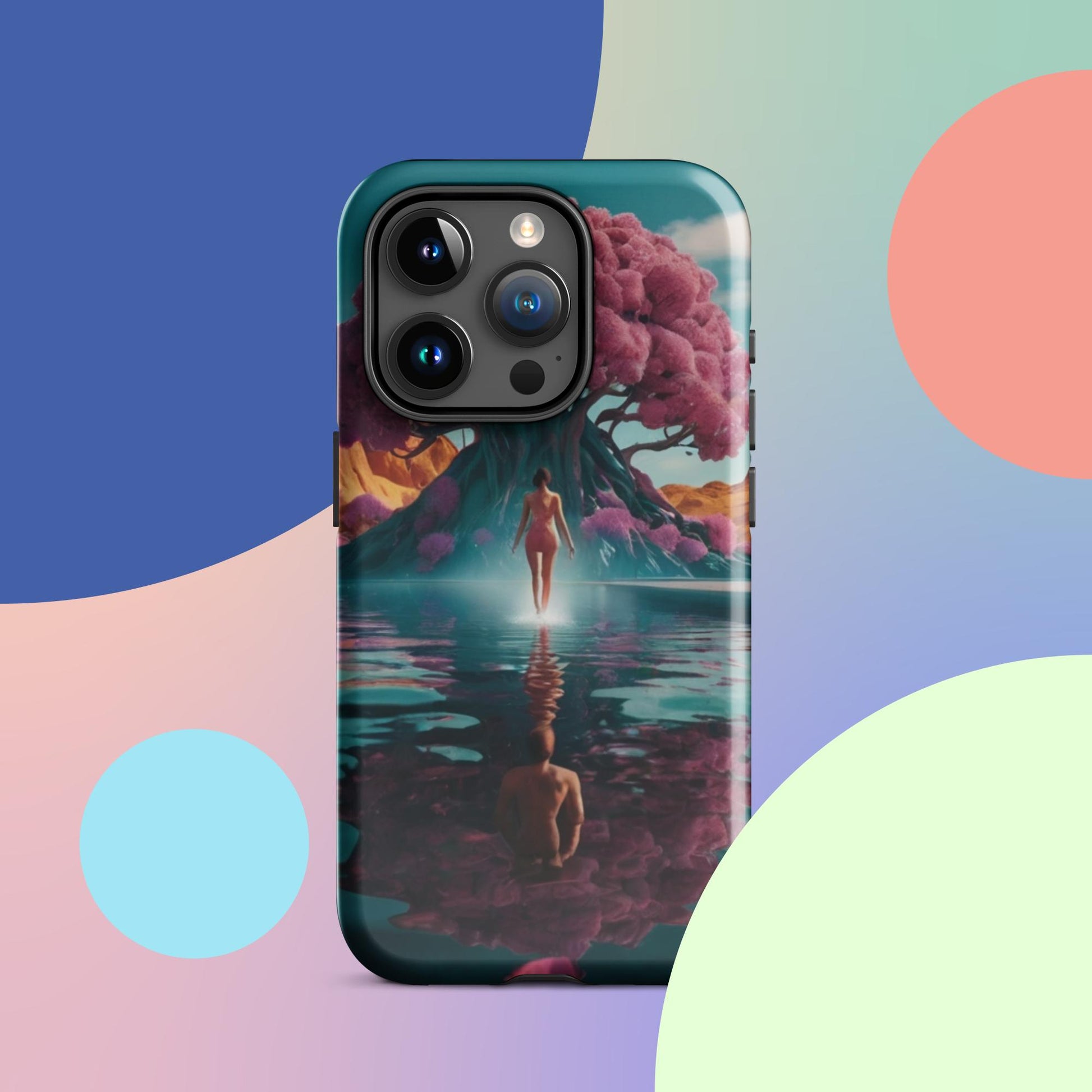 Teal iPhone tough case with illustrated forest lake scene, pink tree, and central standing figure