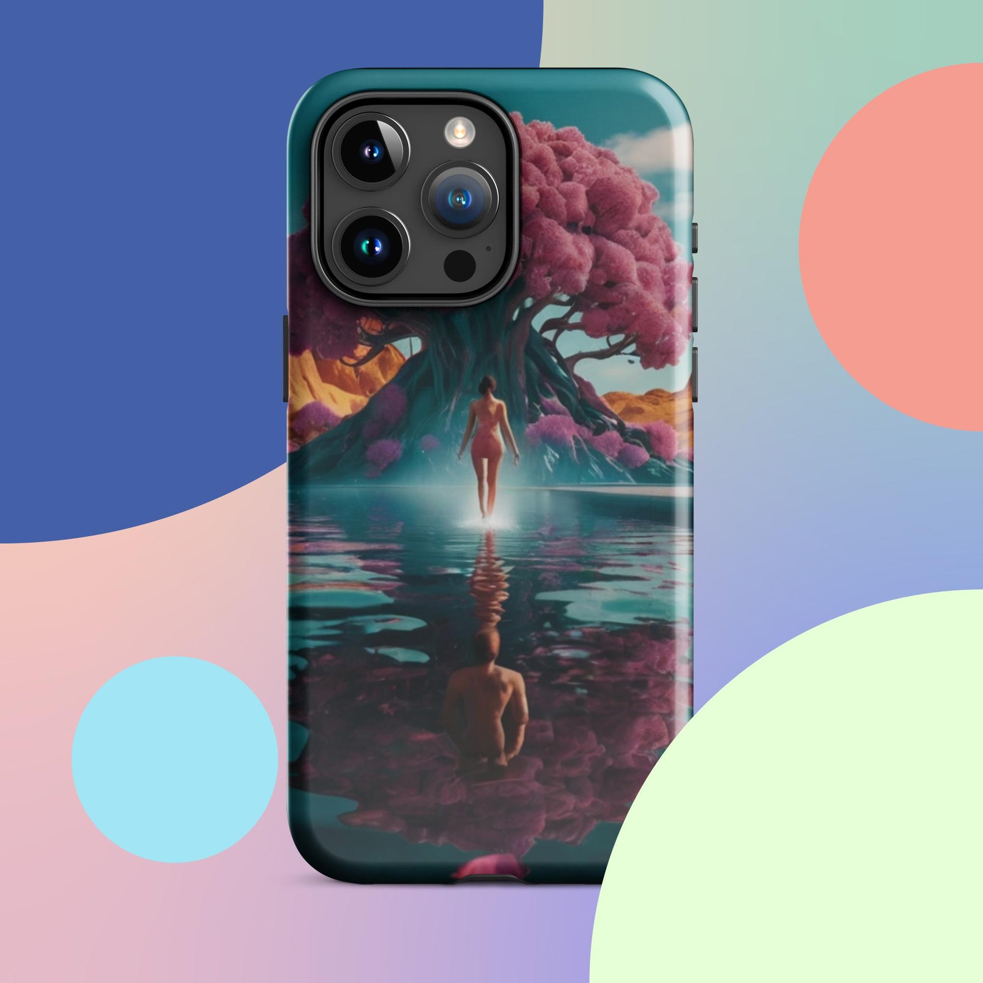 Teal iPhone tough case with illustrated figure light, pink blossoms, and reflective water surface