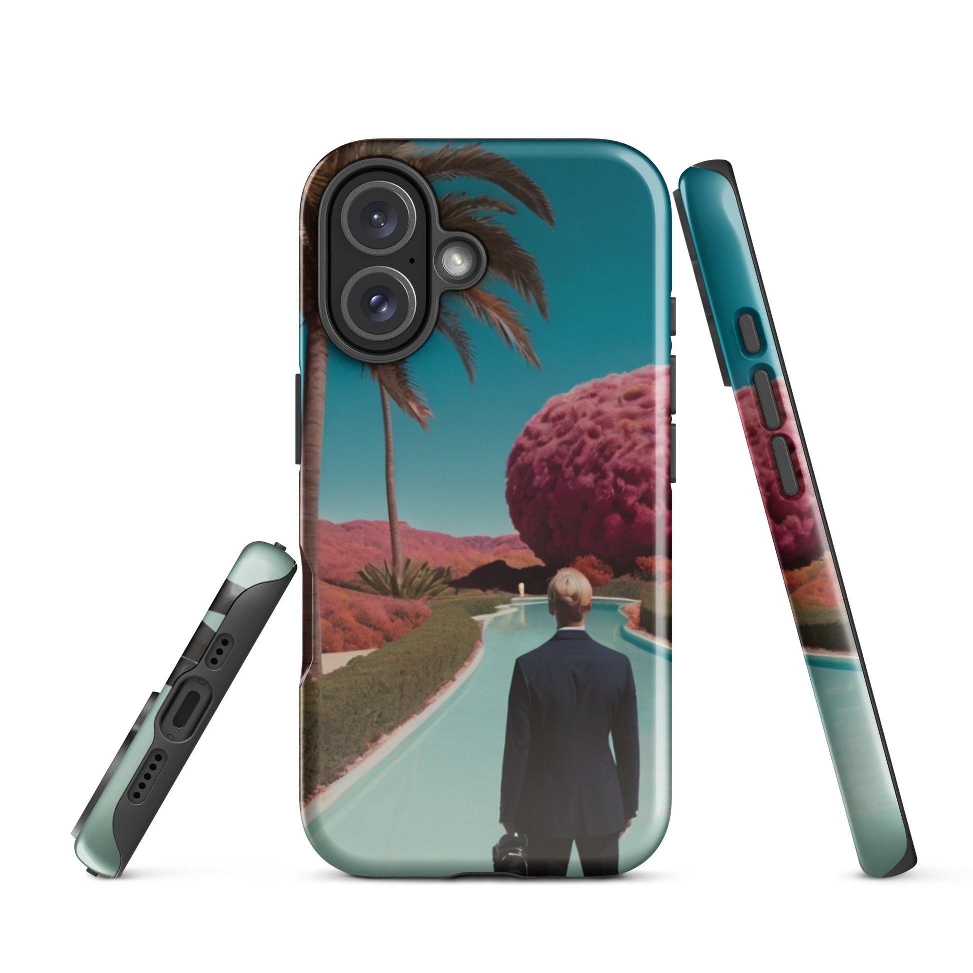 iPhone tough case front and side profile, teal scenic artwork and secure rugged bumper frame