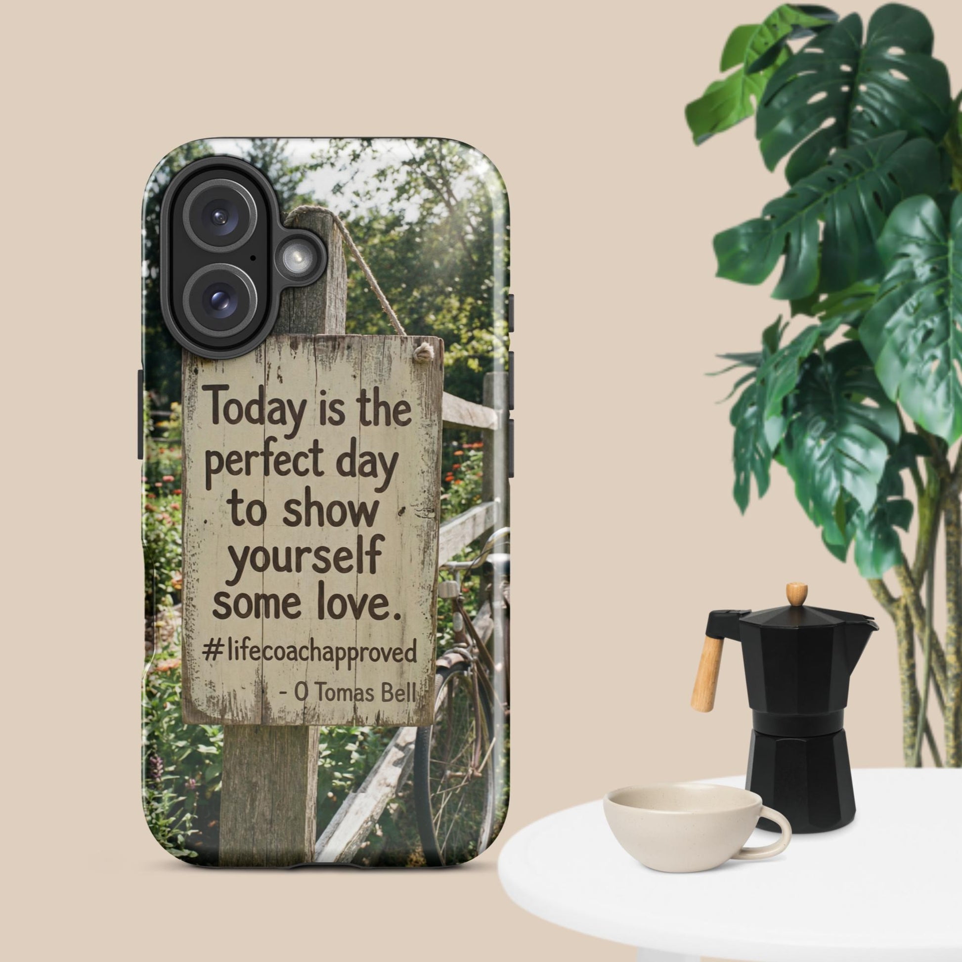 iPhone self-love tough case with three-lens camera cutouts and “Today is the perfect day” quote