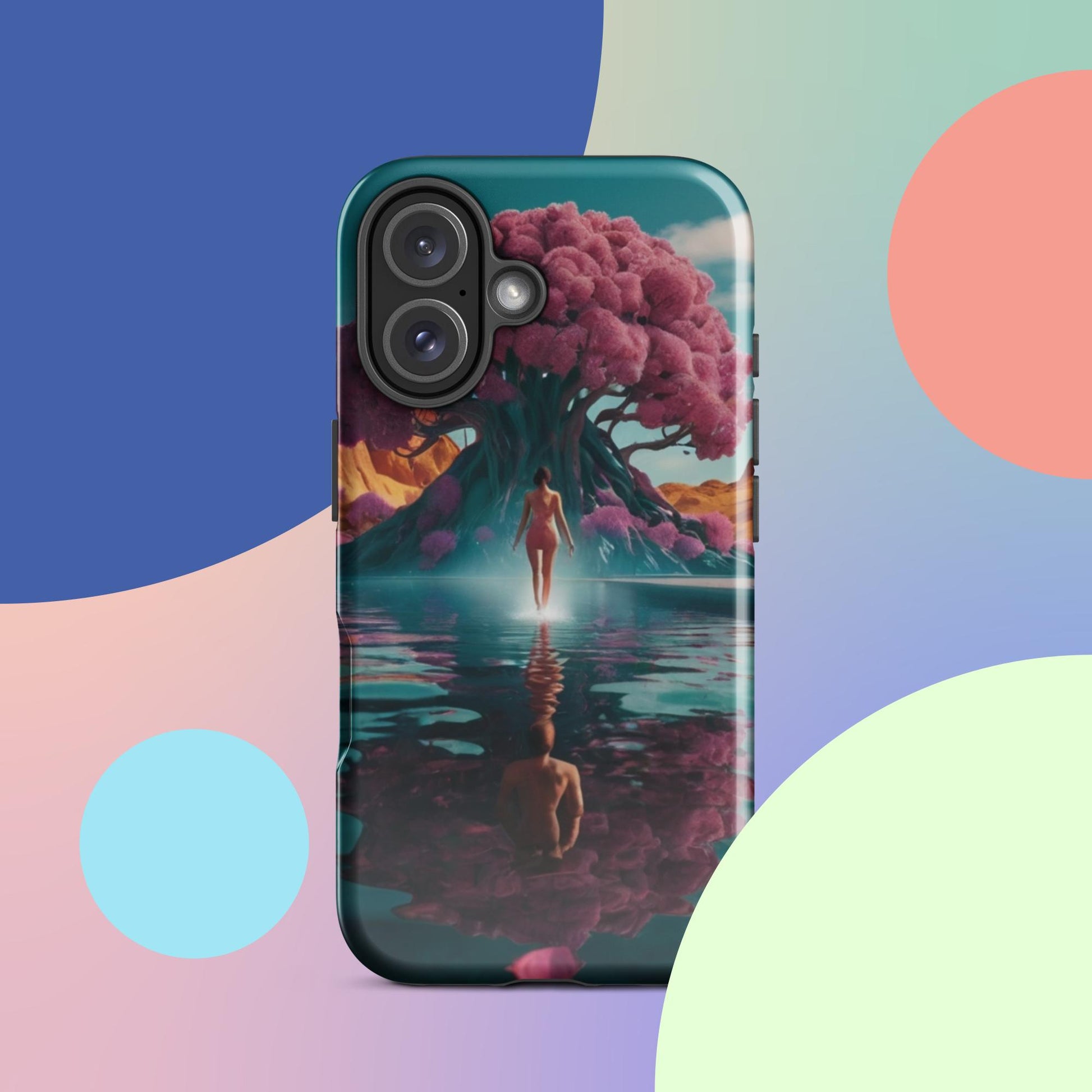 Teal iPhone tough case displaying illustrated woman figure, pink blooming tree, and lake reflection