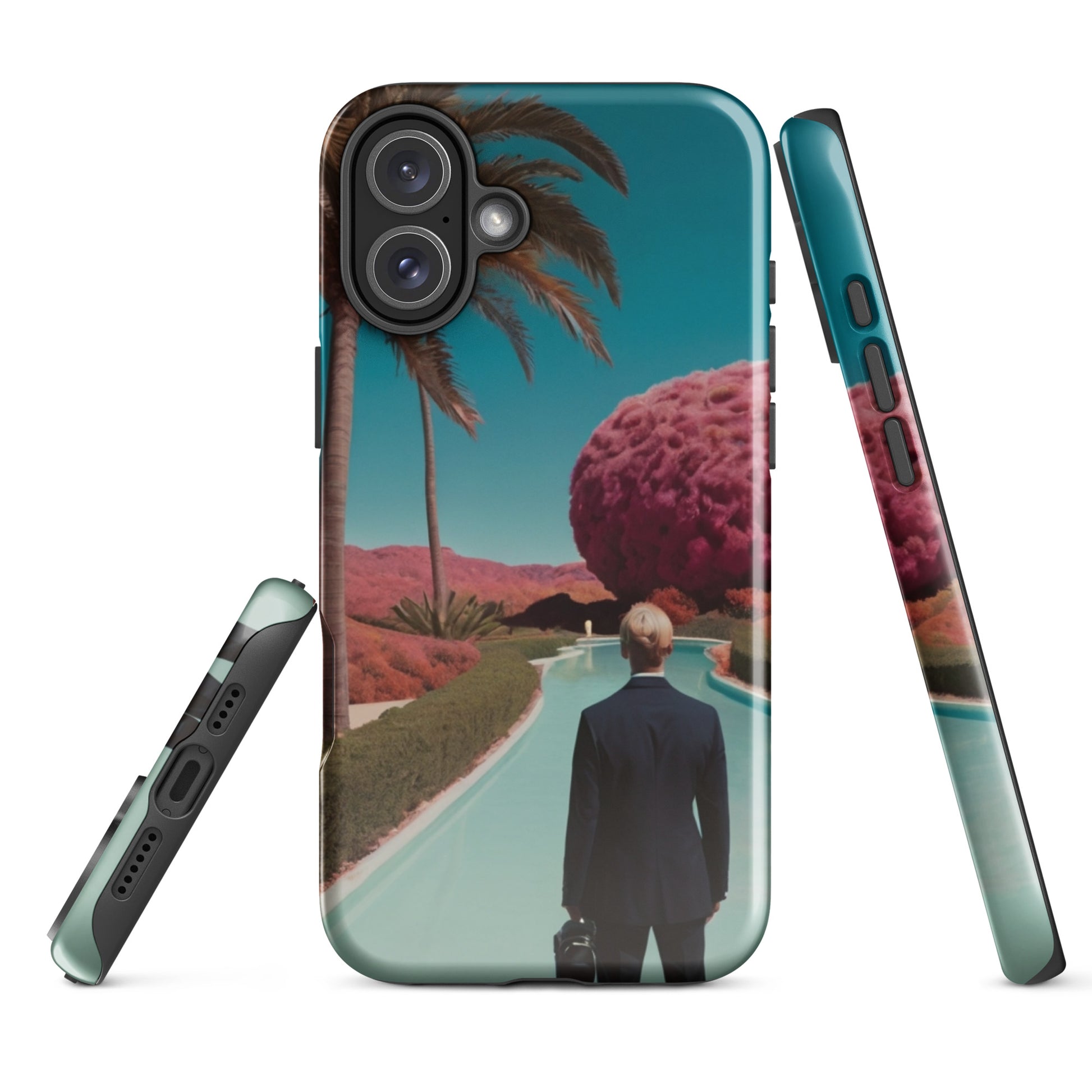 Teal iPhone case with landscape graphic, palm trees, and camera cutouts