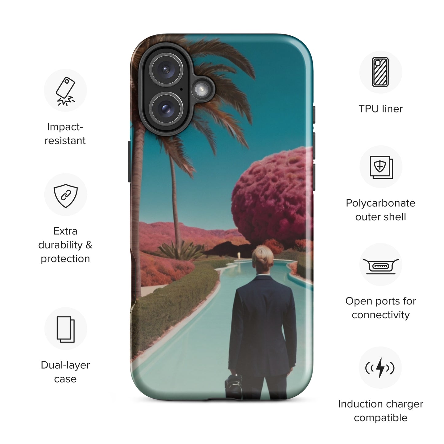 Tough iPhone case with teal landscape print, palm fronds, raised camera cutout