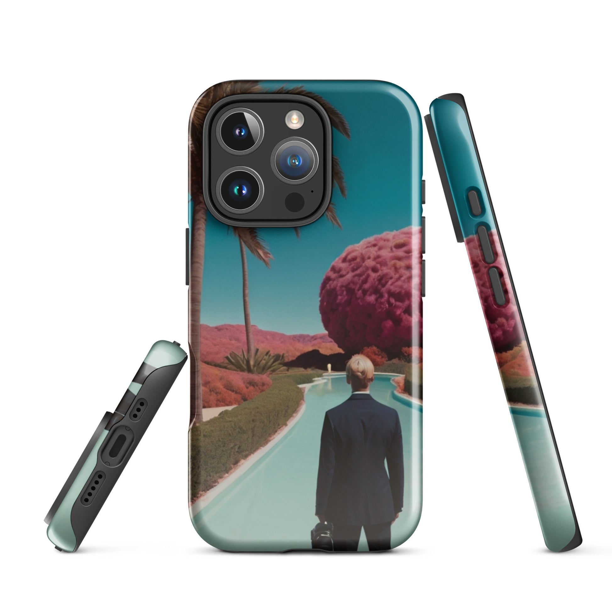Teal iPhone case with palm and road scene graphic, plus side button openings