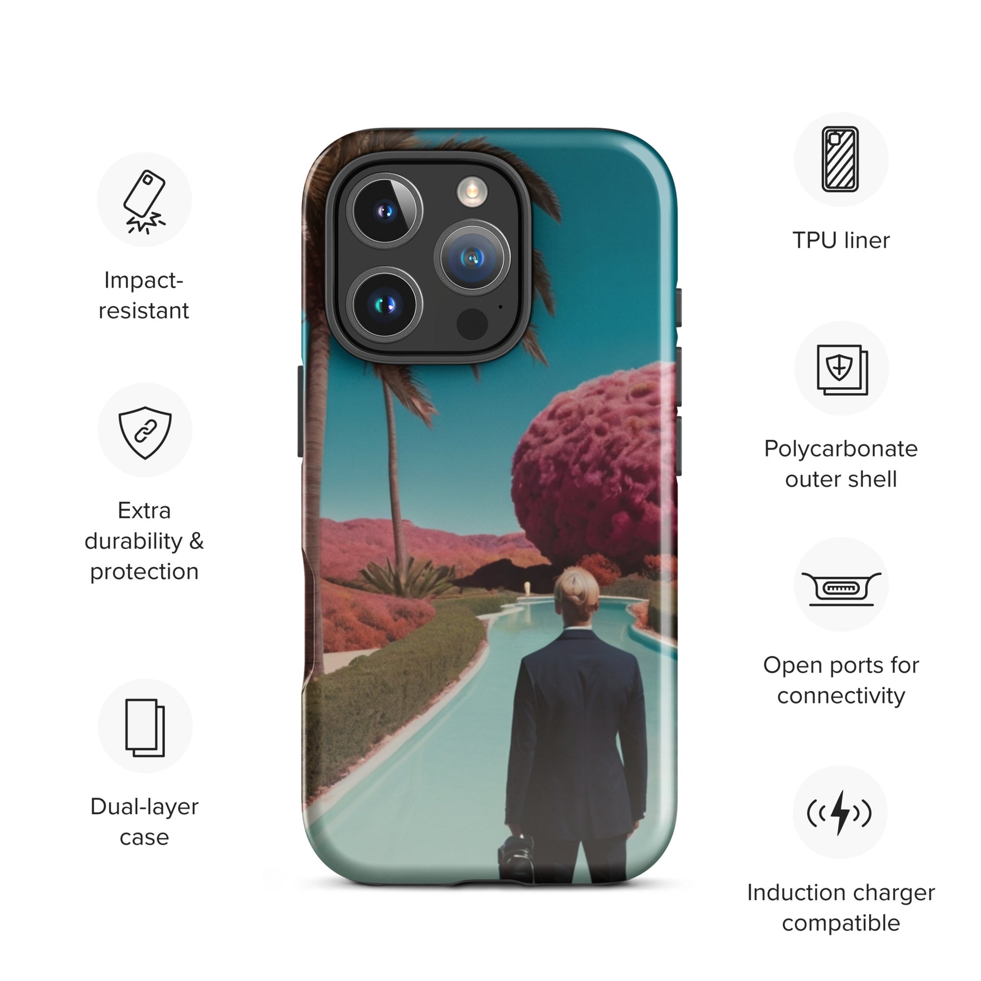 Tough iPhone case with teal landscape design, palm fronds, prominent triple camera cutout