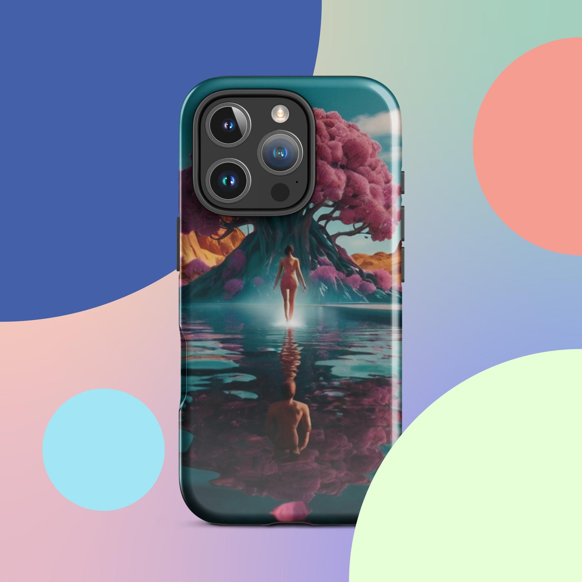 Teal iPhone tough case with illustrated glowing figure, pink tree canopy, and mirrored water