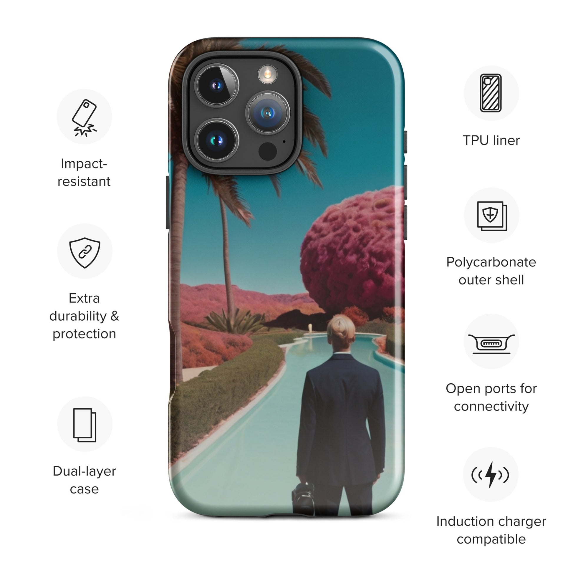 Tough iPhone case with teal landscape print, centered figure, raised camera cutouts