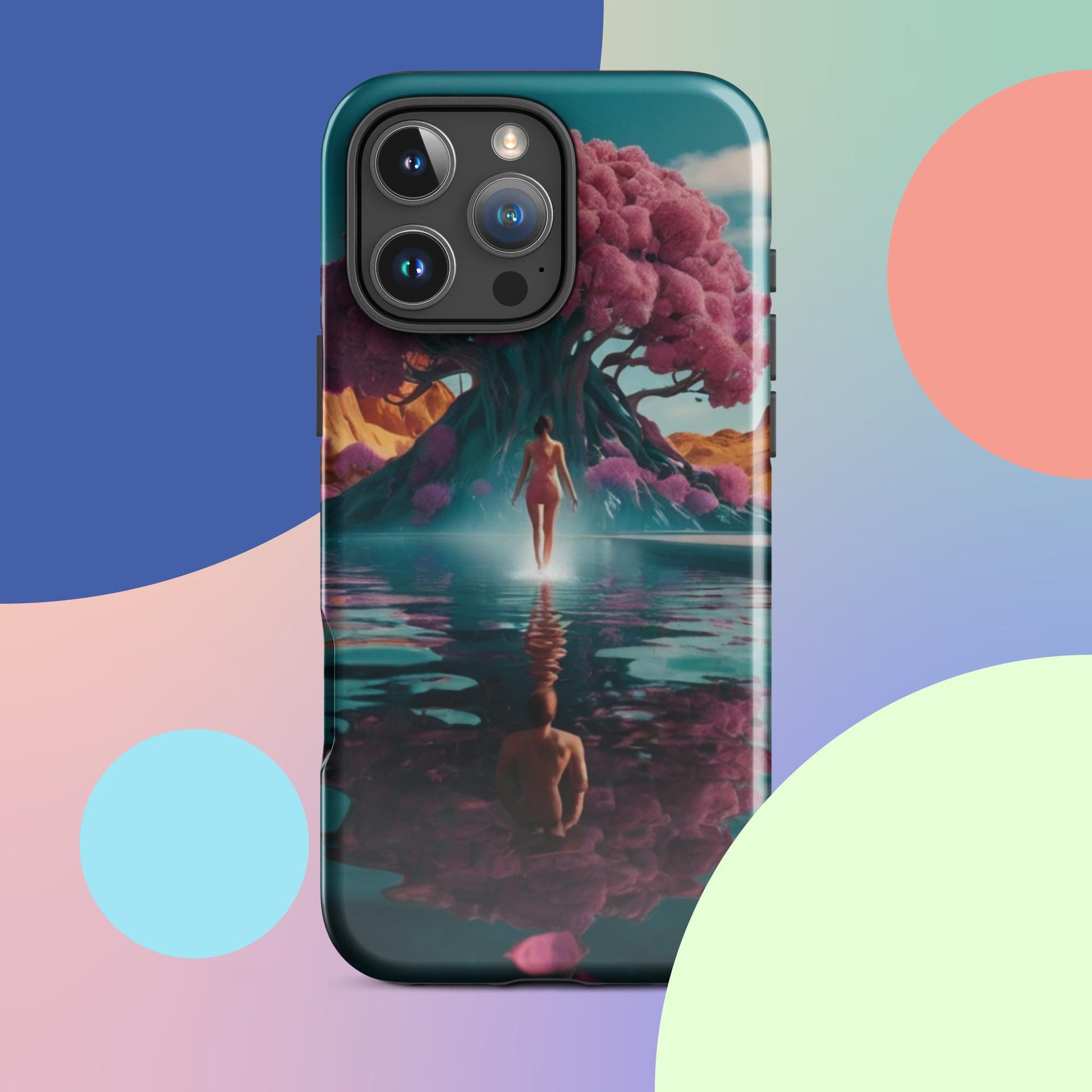 Teal iPhone tough case featuring illustrated figure in water, pink blossoms, and dark lake