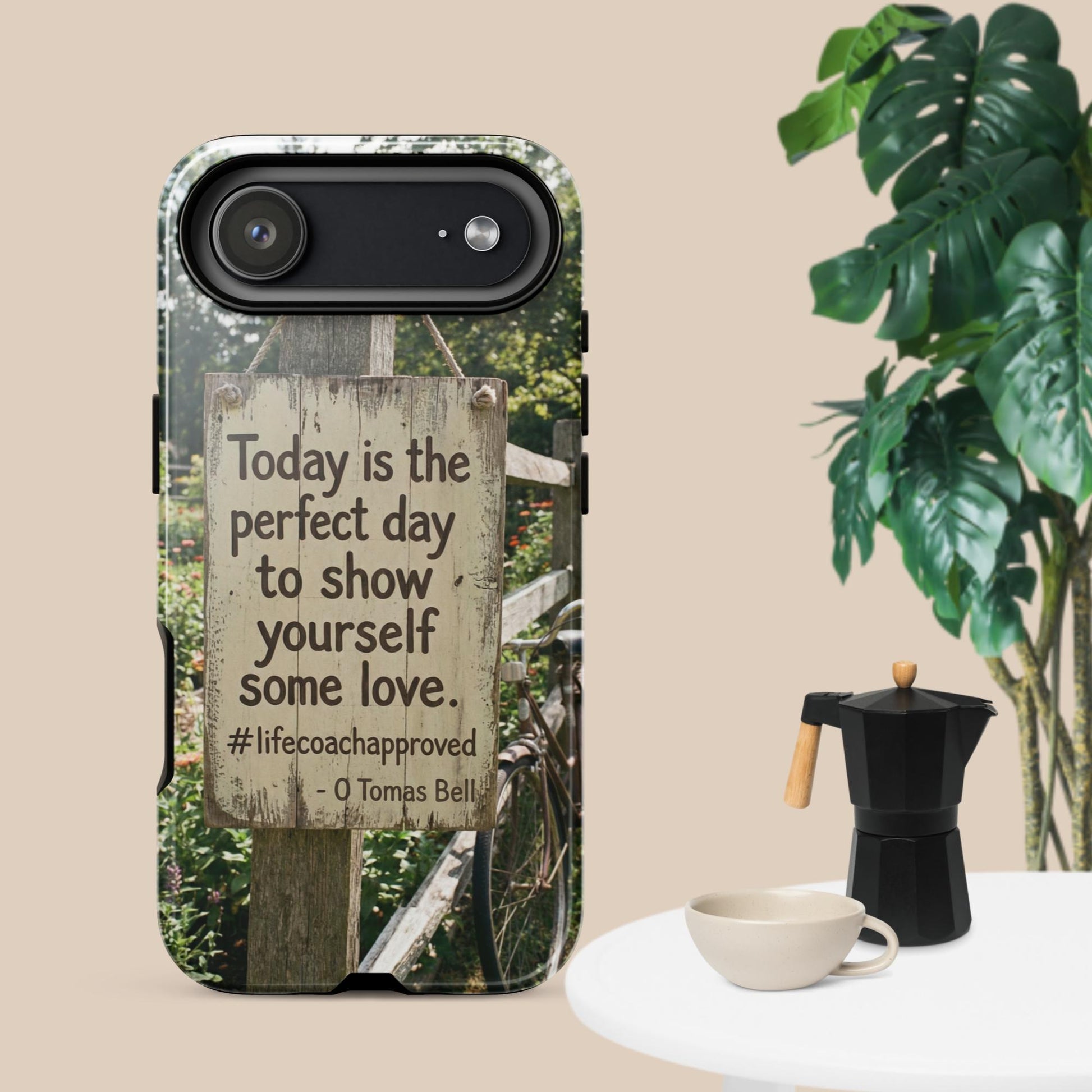 iPhone case back view with motivational quote and rustic fence artwork, dark trim