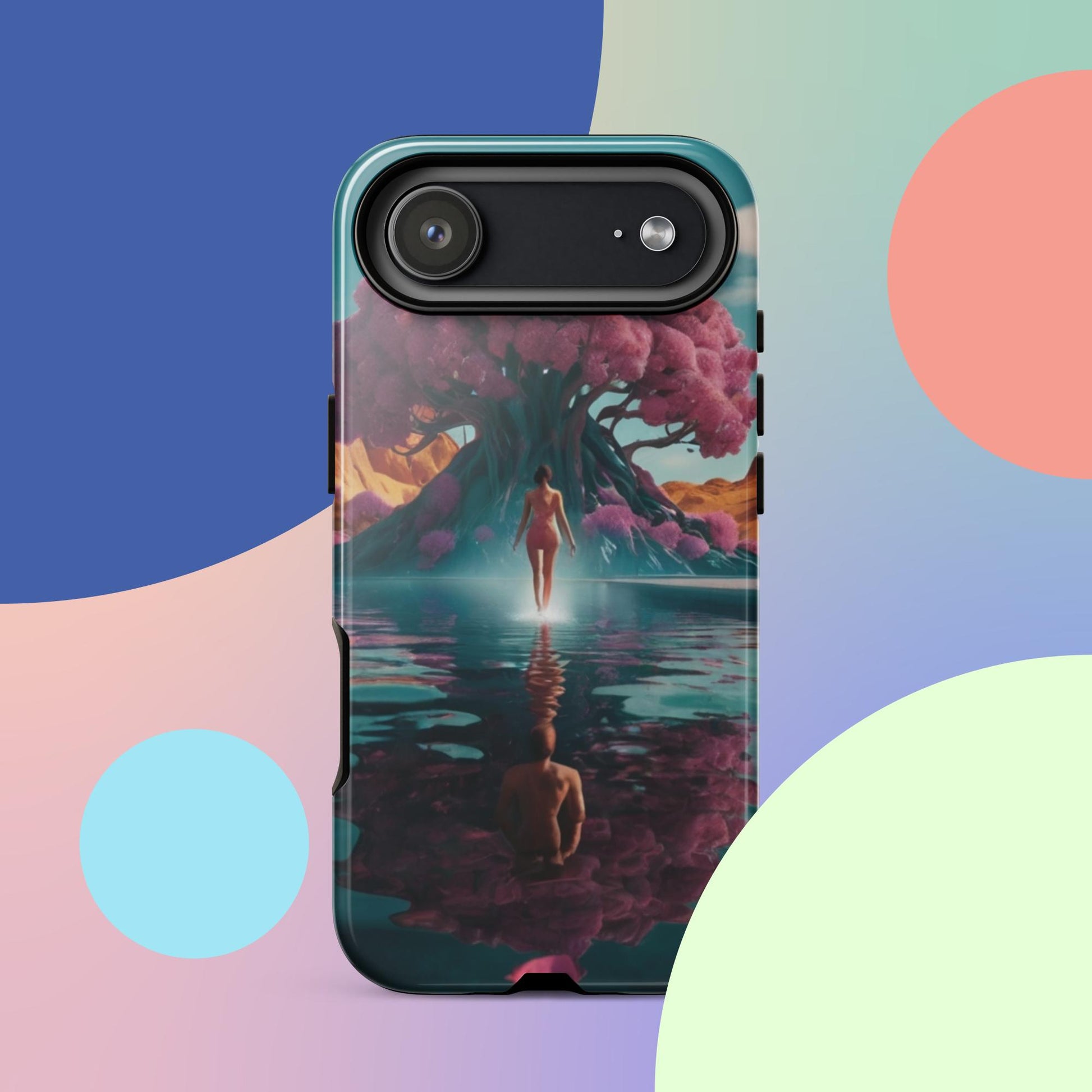 Tough iPhone case with teal border and dark fantasy river scene graphic, rear camera cutouts.