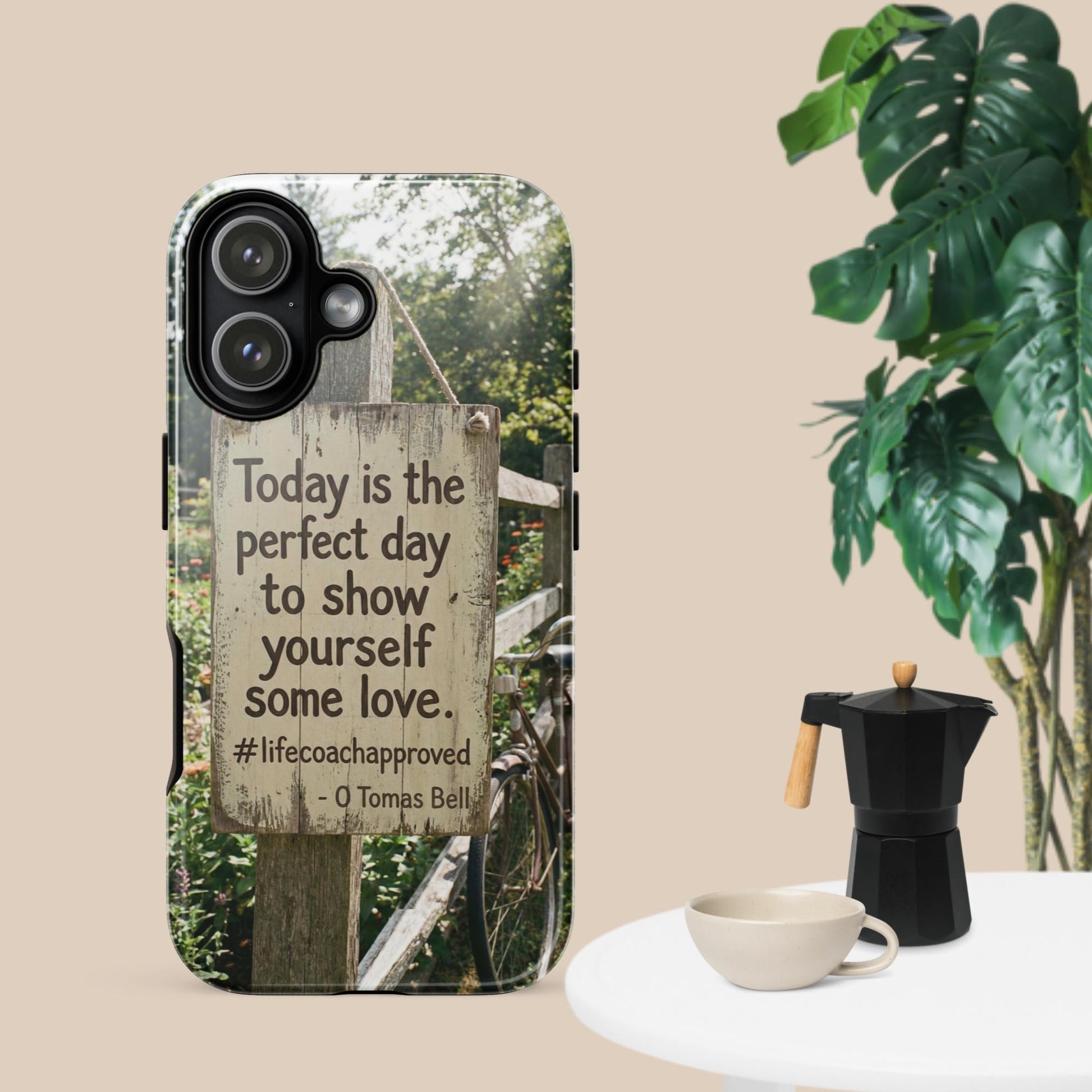 iPhone case back with motivational quote on a wooden fence graphic, dark trim