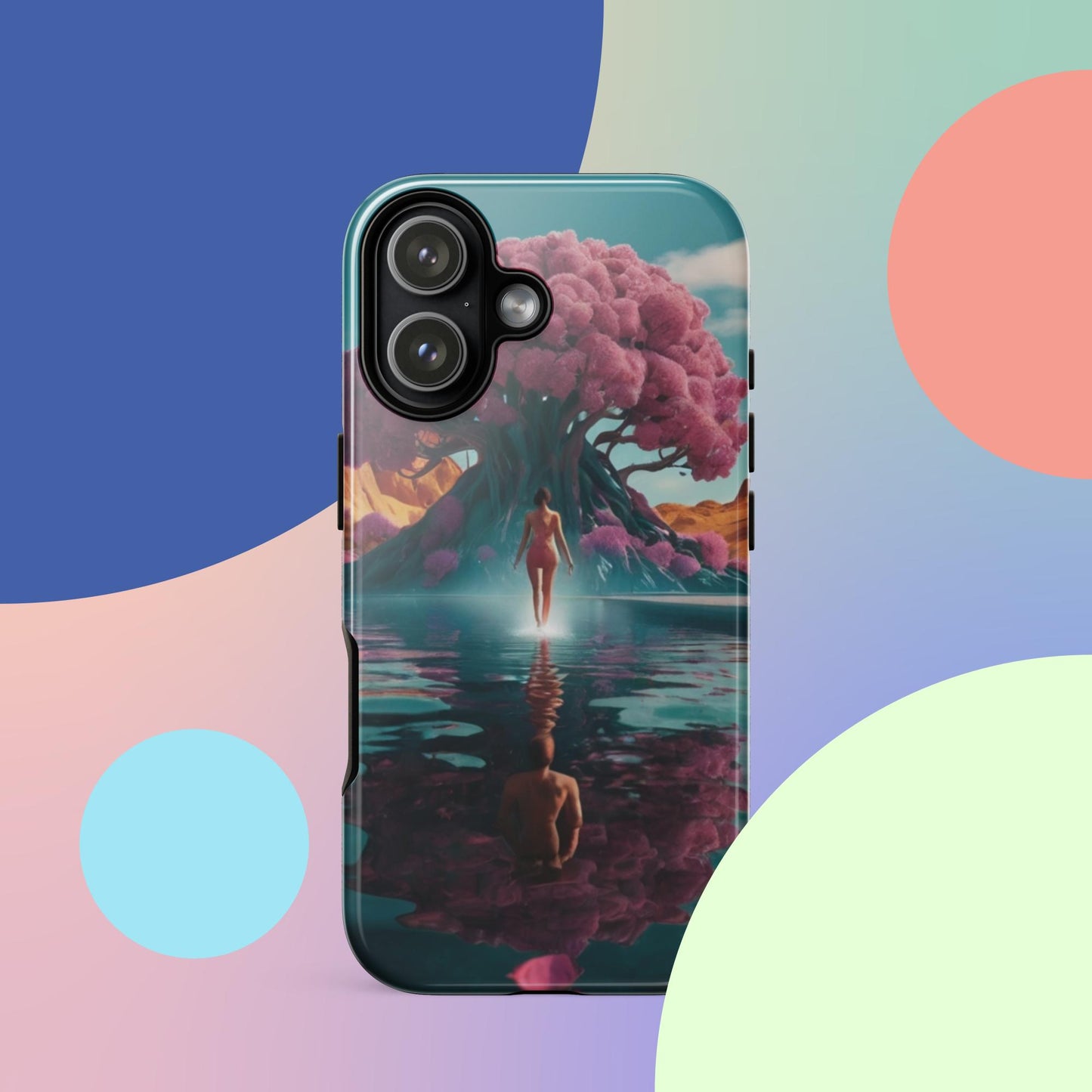 Tough iPhone case with teal border, purple flowering canopy and centered person in water