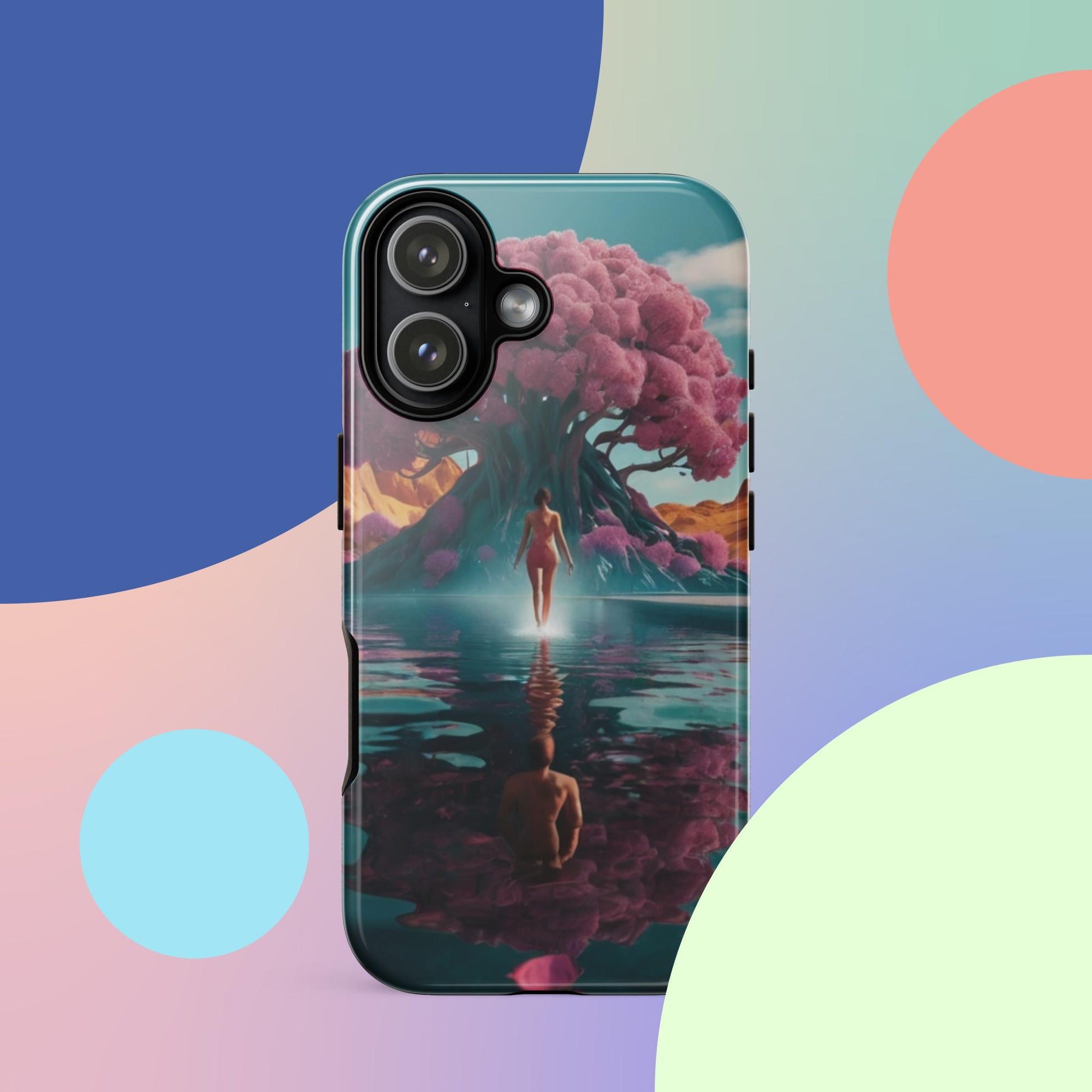 Tough iPhone case with teal border and moonlit fantasy landscape graphic, camera cutouts.