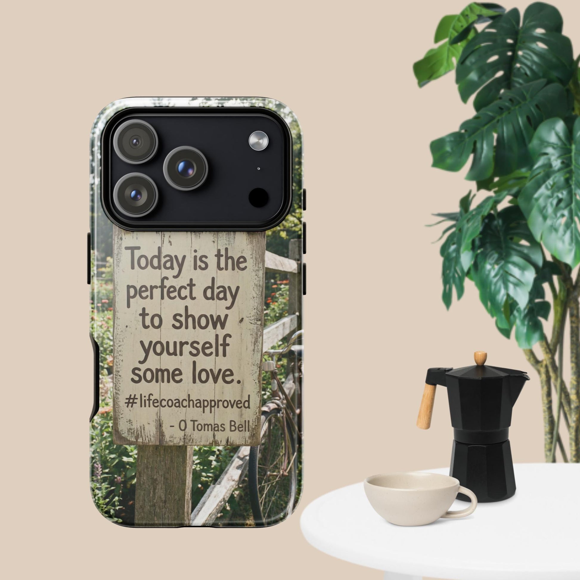 iPhone case back with motivational quote panel over rustic fence graphic, dark trim