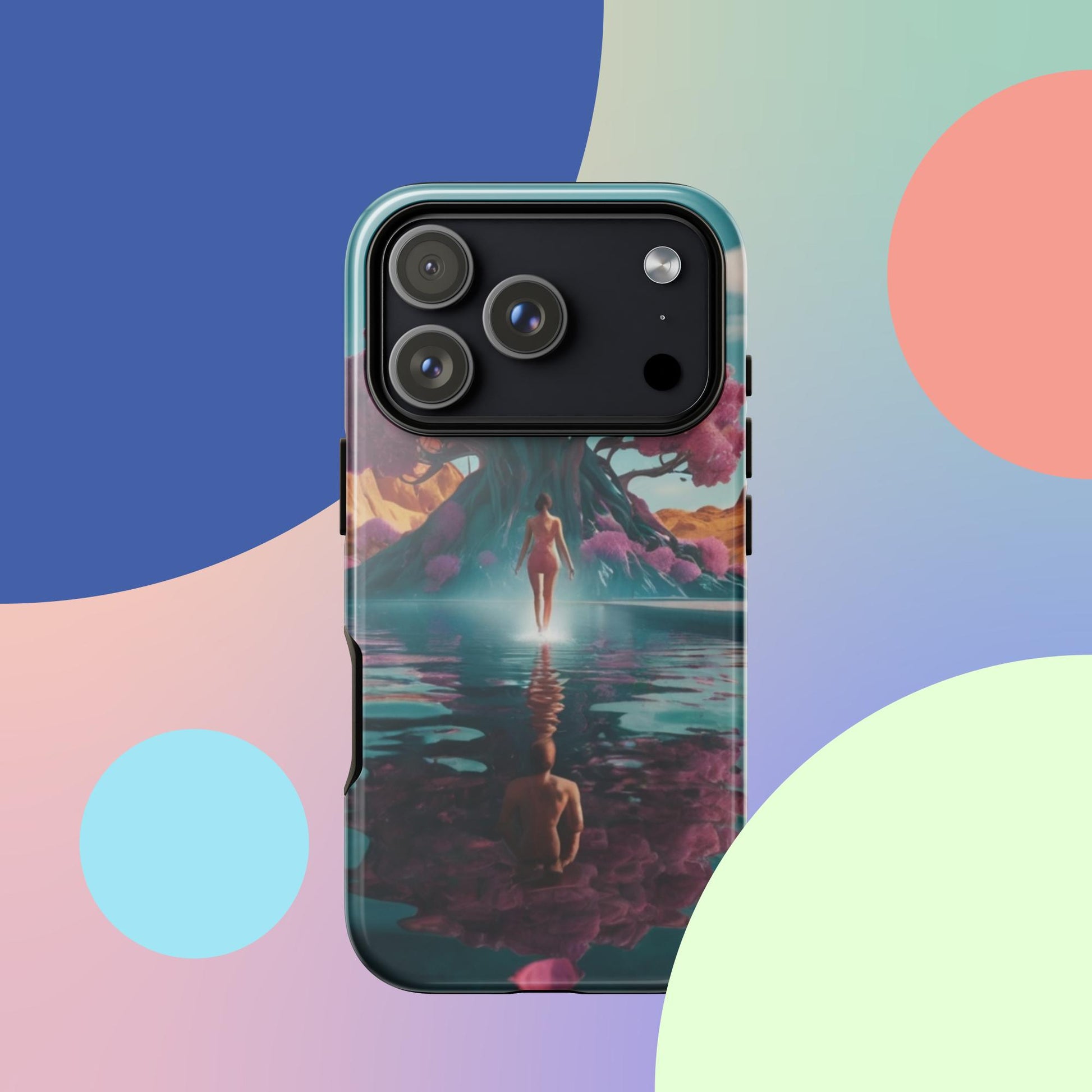 Tough iPhone case with teal border and fantasy traveler-in-river graphic, rear camera cutouts.