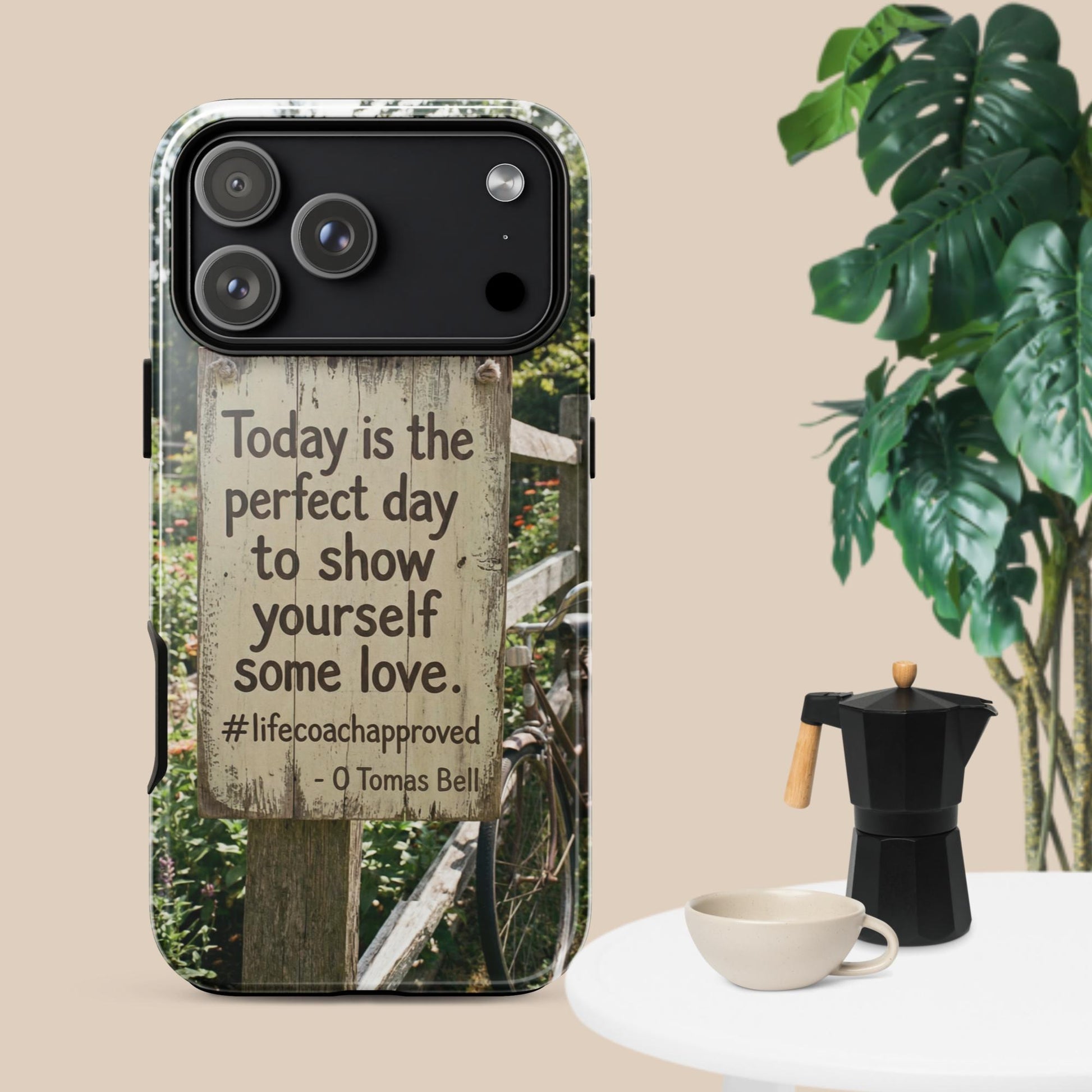 iPhone case with motivational text on a rustic fence graphic, dark trim