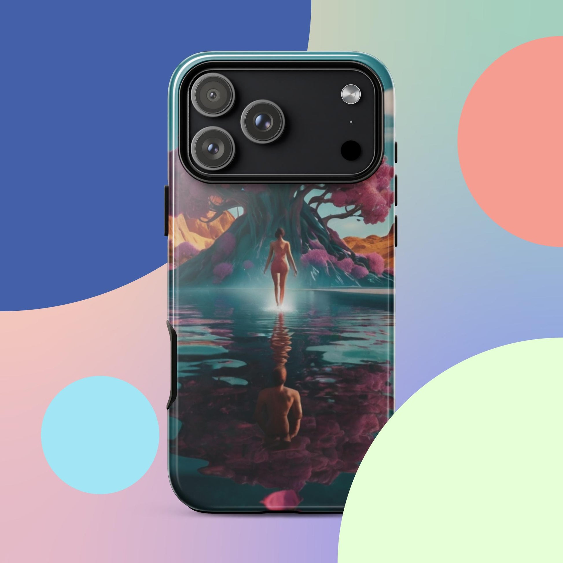 Teal iPhone tough case with illustrated standing figure, pink tree blossoms, and mirrored water