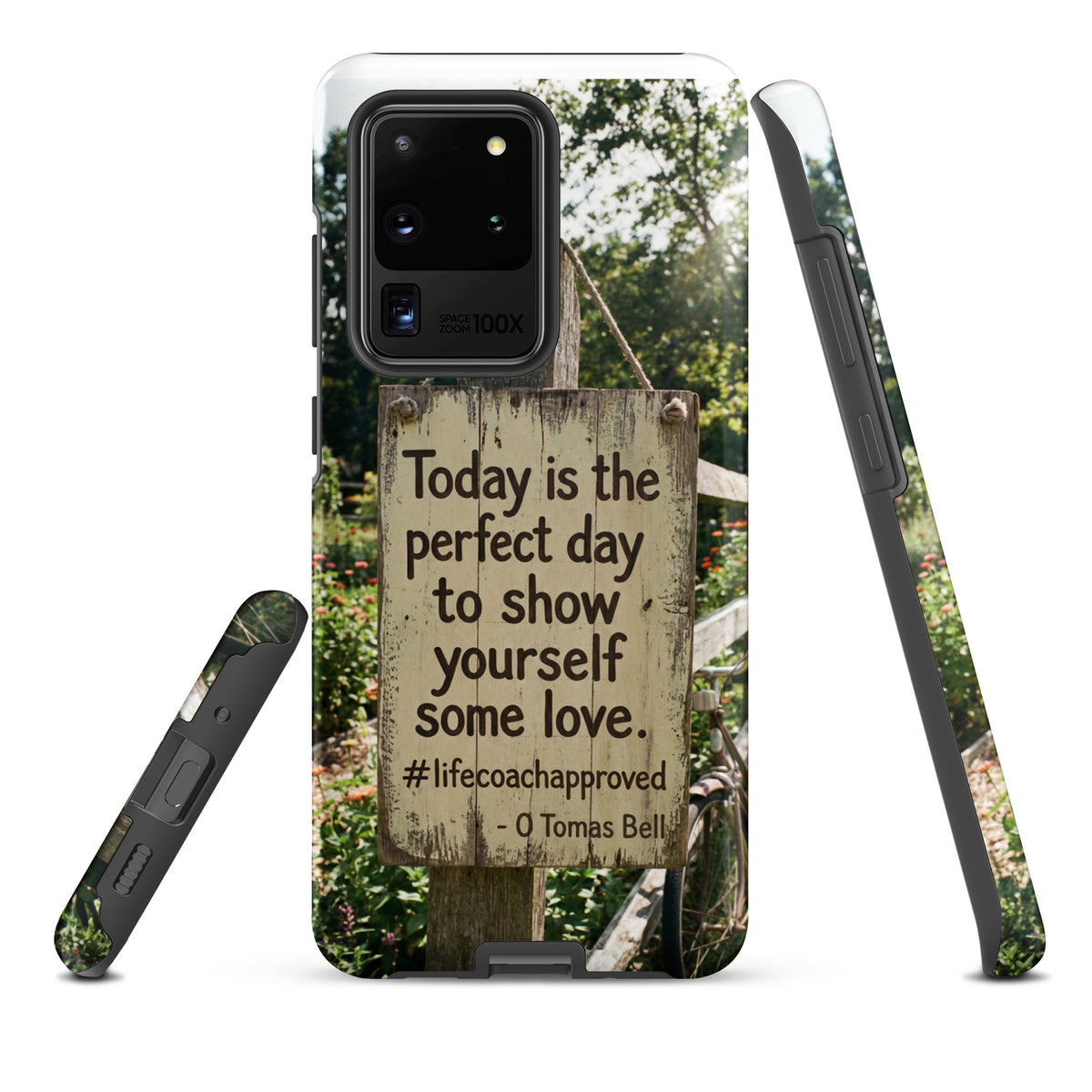 Tough Samsung® phone case with rustic sign text and camera-lens details