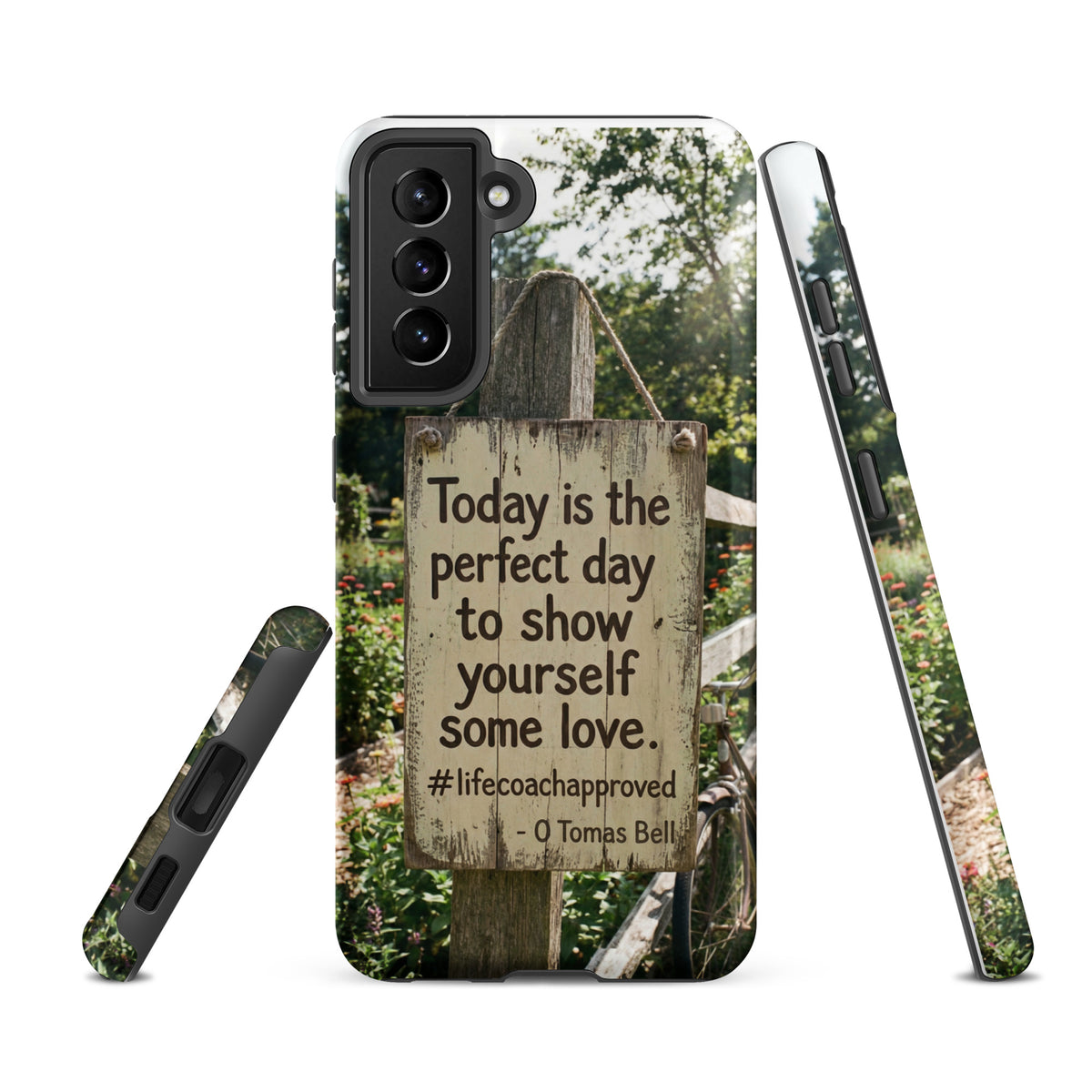 Tough Samsung® phone case back with three-lens camera and “Today is the perfect day” text