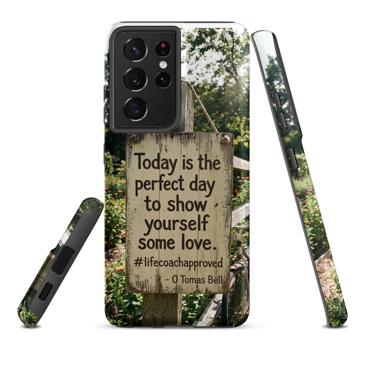 Tough Samsung® phone case, back with multiple-lens camera and self-love quote