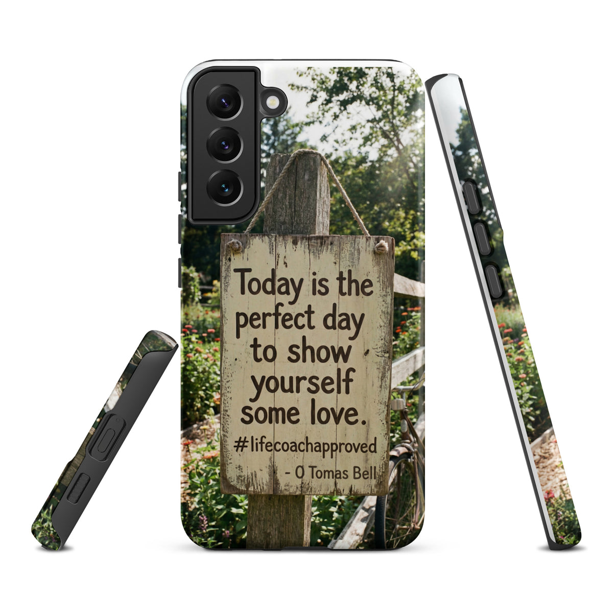 Tough Samsung® phone case with front-facing quote text and protected camera area