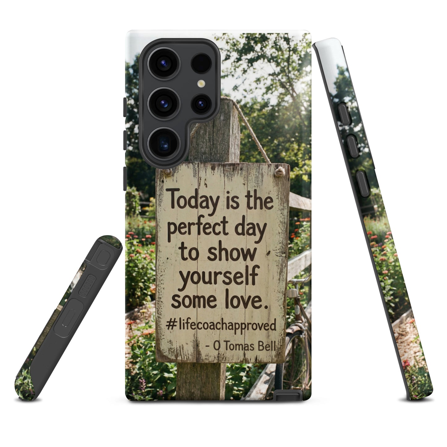 Samsung phone case with quote sign design and raised camera bump cutouts