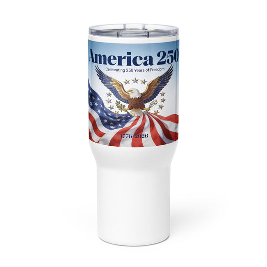 Travel mug with handle, white, clear lid, America 250 eagle and flag graphic
