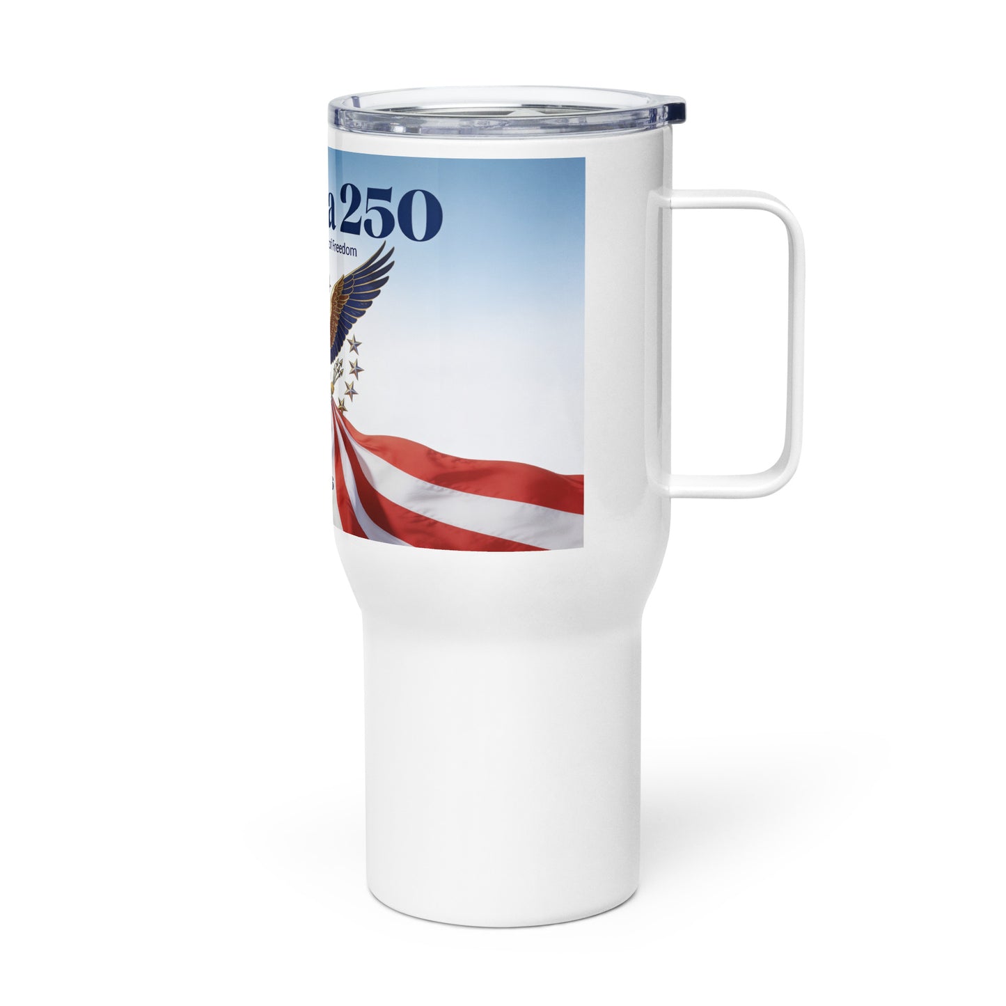 Travel mug with handle, white, clear lid, America 250 patriotic flag graphic