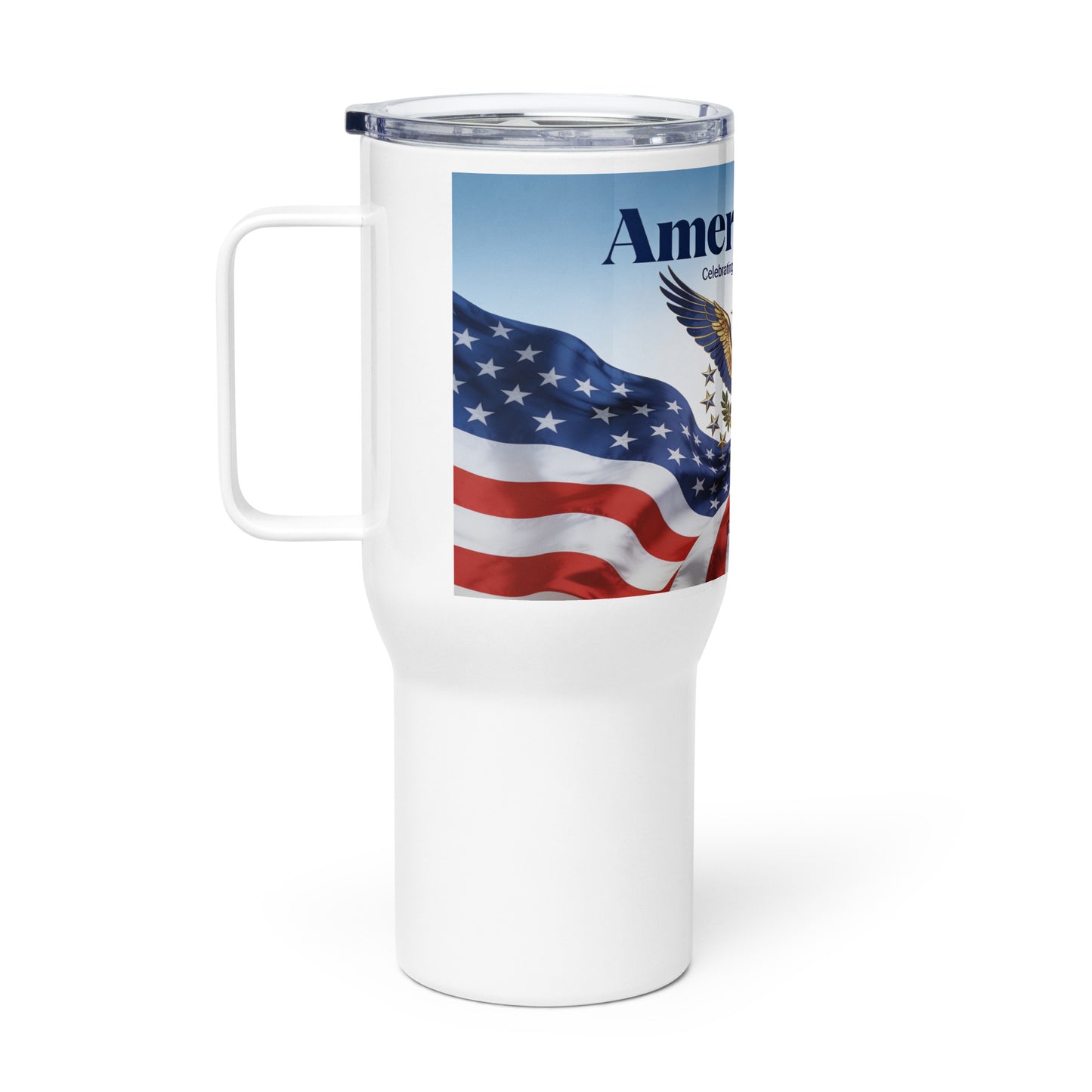 Travel mug with handle, white, clear lid, American flag and America 250 lettering