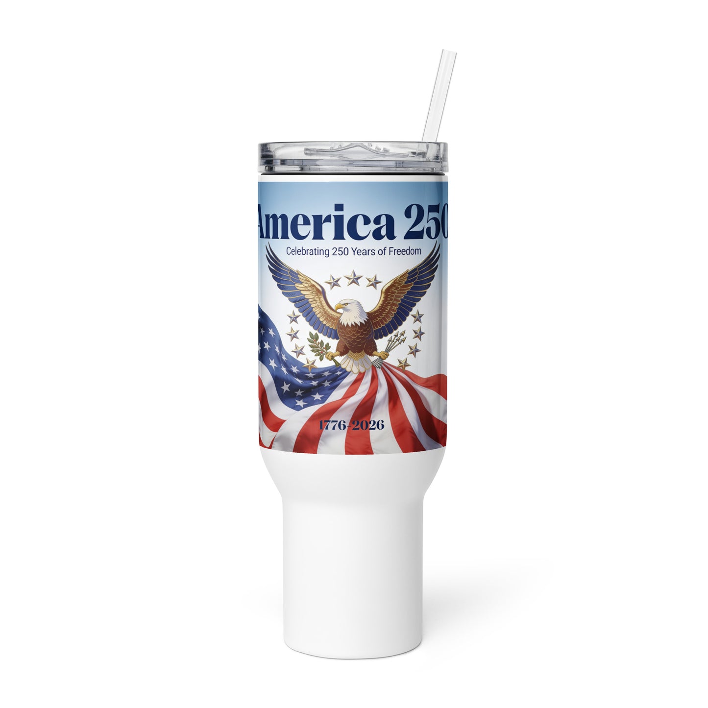 Travel mug with handle, white, clear lid, America 250 eagle over flag graphic