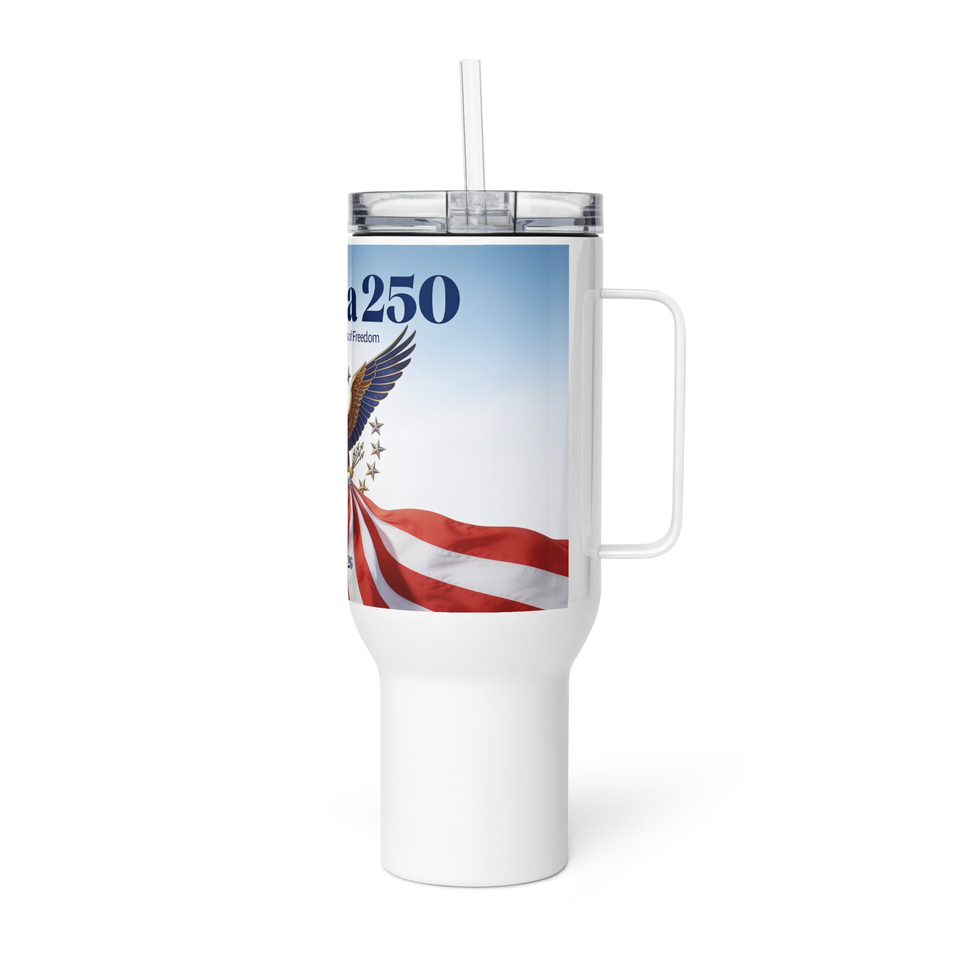 Travel mug with handle, white, clear lid, America 250 blue and flag graphic