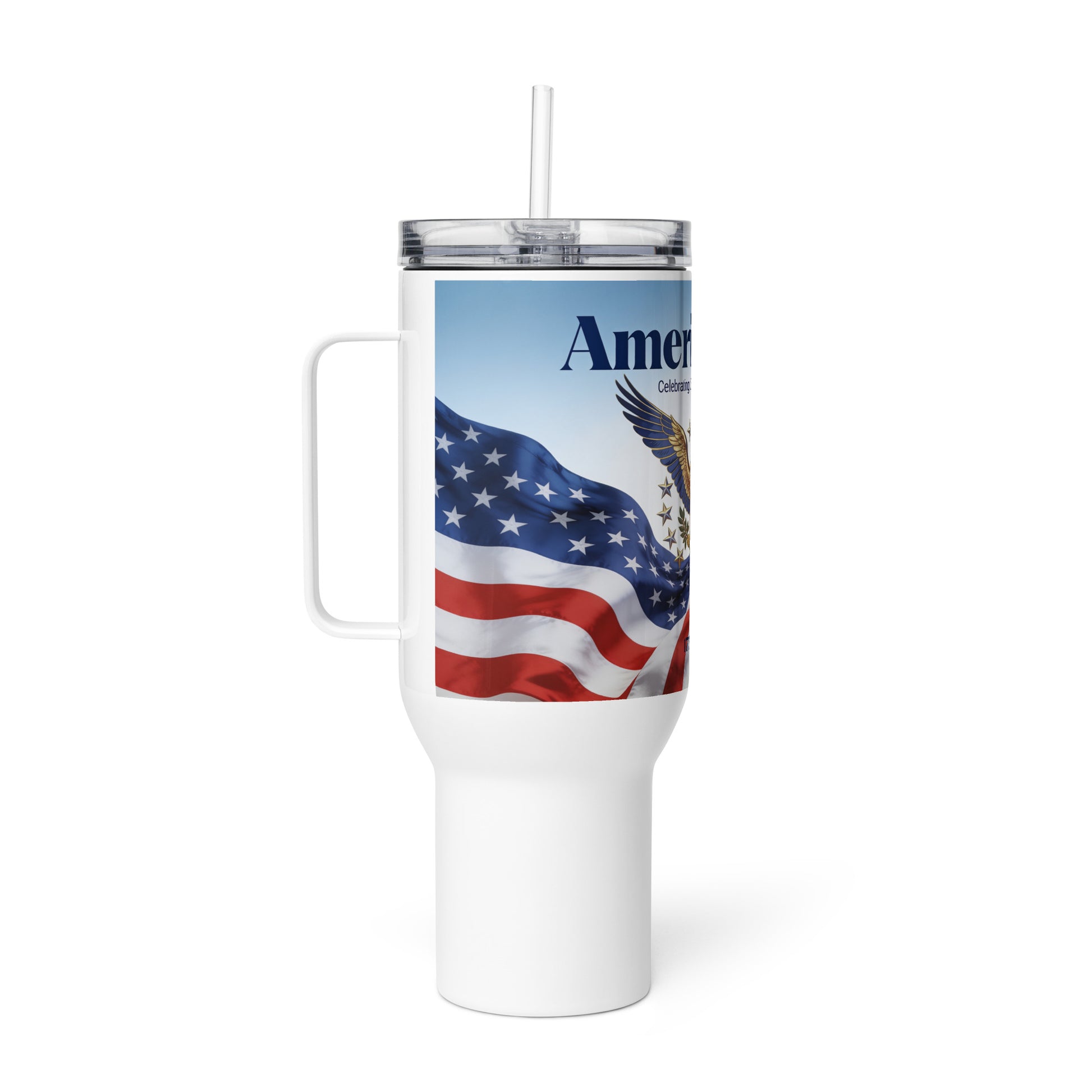 Travel mug with handle, white, clear lid, American flag wave and America 250 text