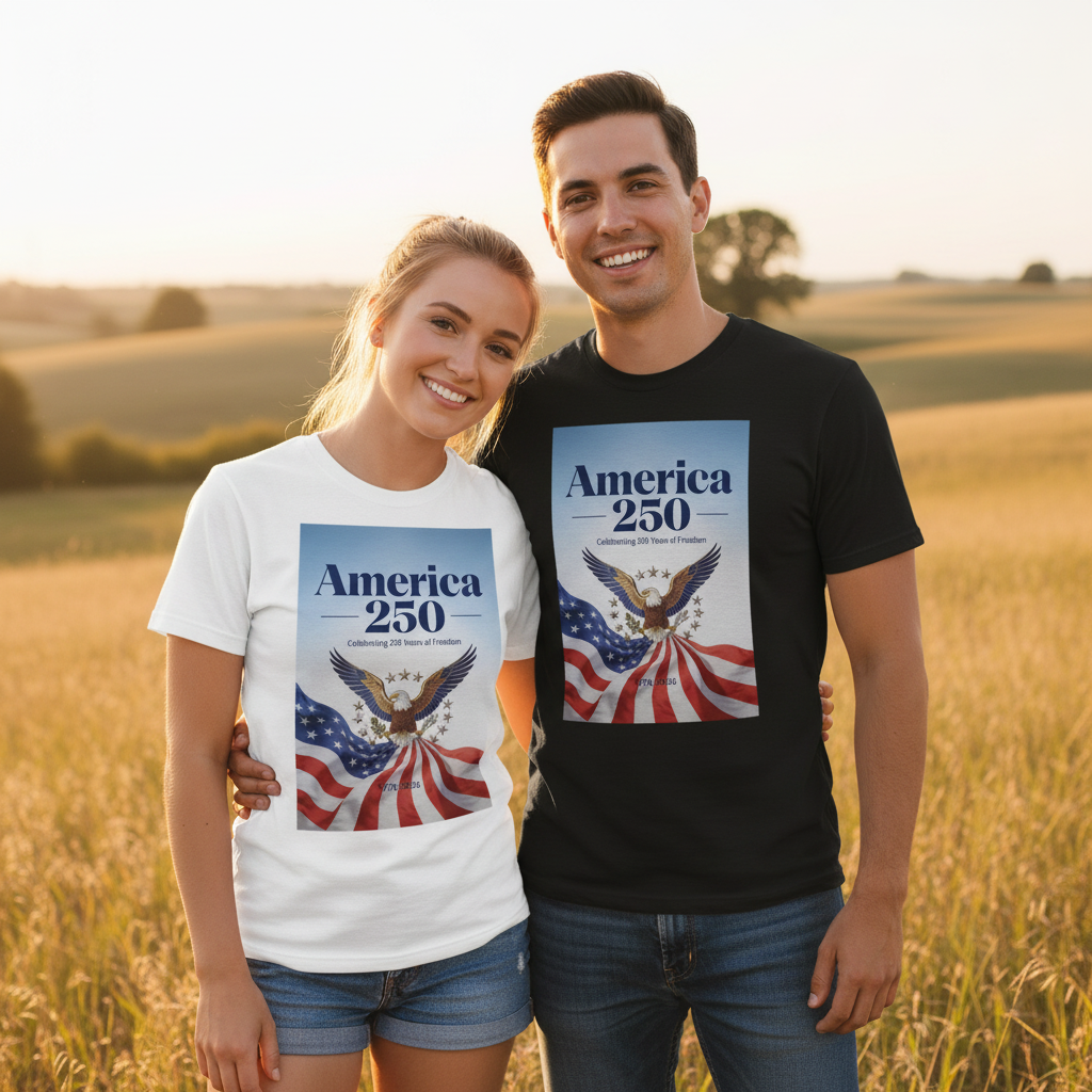 Pair of unisex T-shirts: white and black, each with “America 250” front graphic