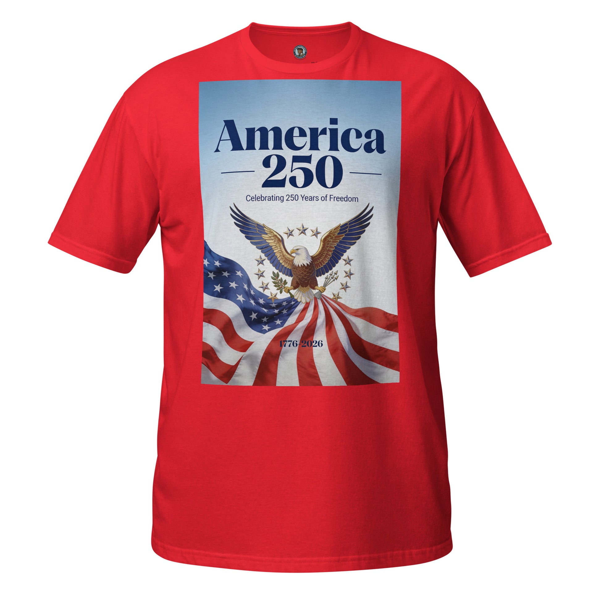 Red unisex short-sleeve T-shirt with “America 250” eagle and flag graphic on front