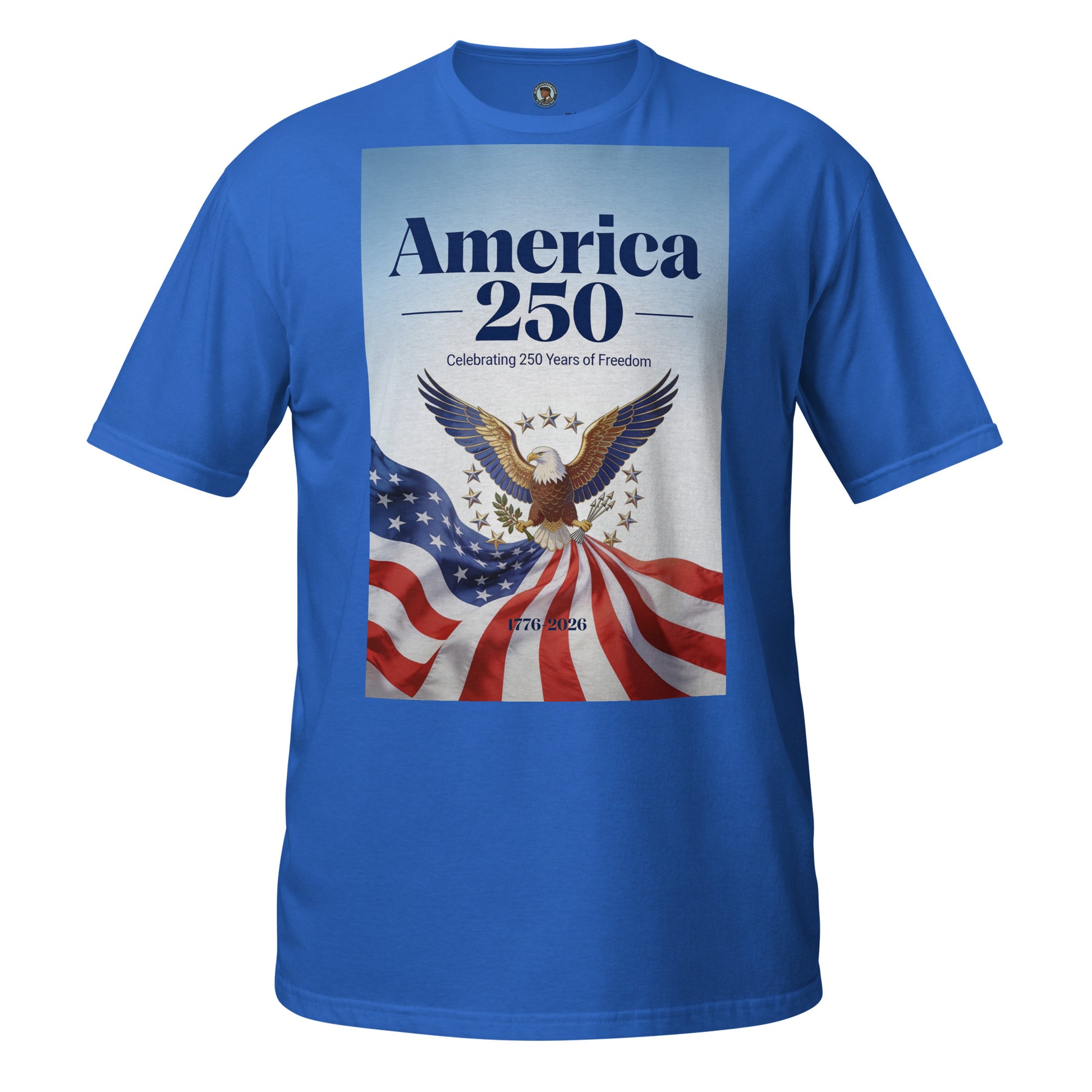 Royal blue unisex short-sleeve T-shirt with “America 250” eagle and flag graphic on front