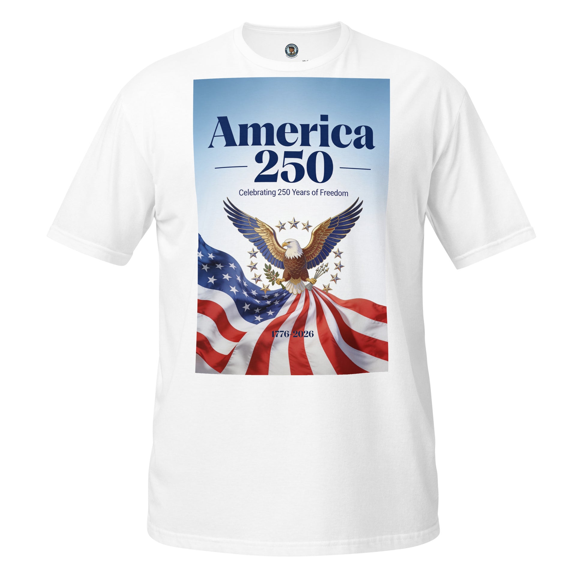 White unisex short-sleeve T-shirt with “America 250” patriotic eagle graphic on front