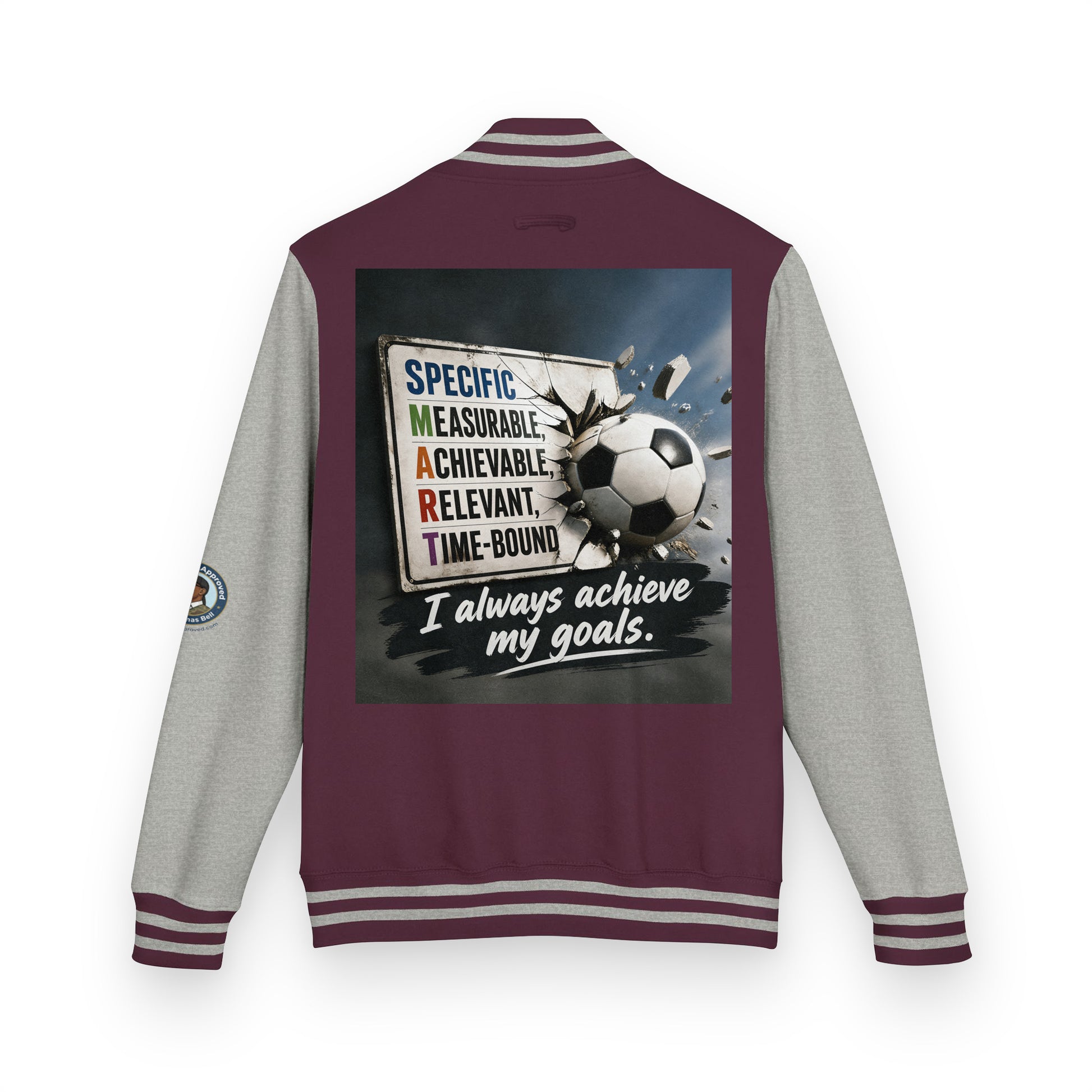 Letterman jacket back view, burgundy body with gray sleeves; soccer graphic and quote patch