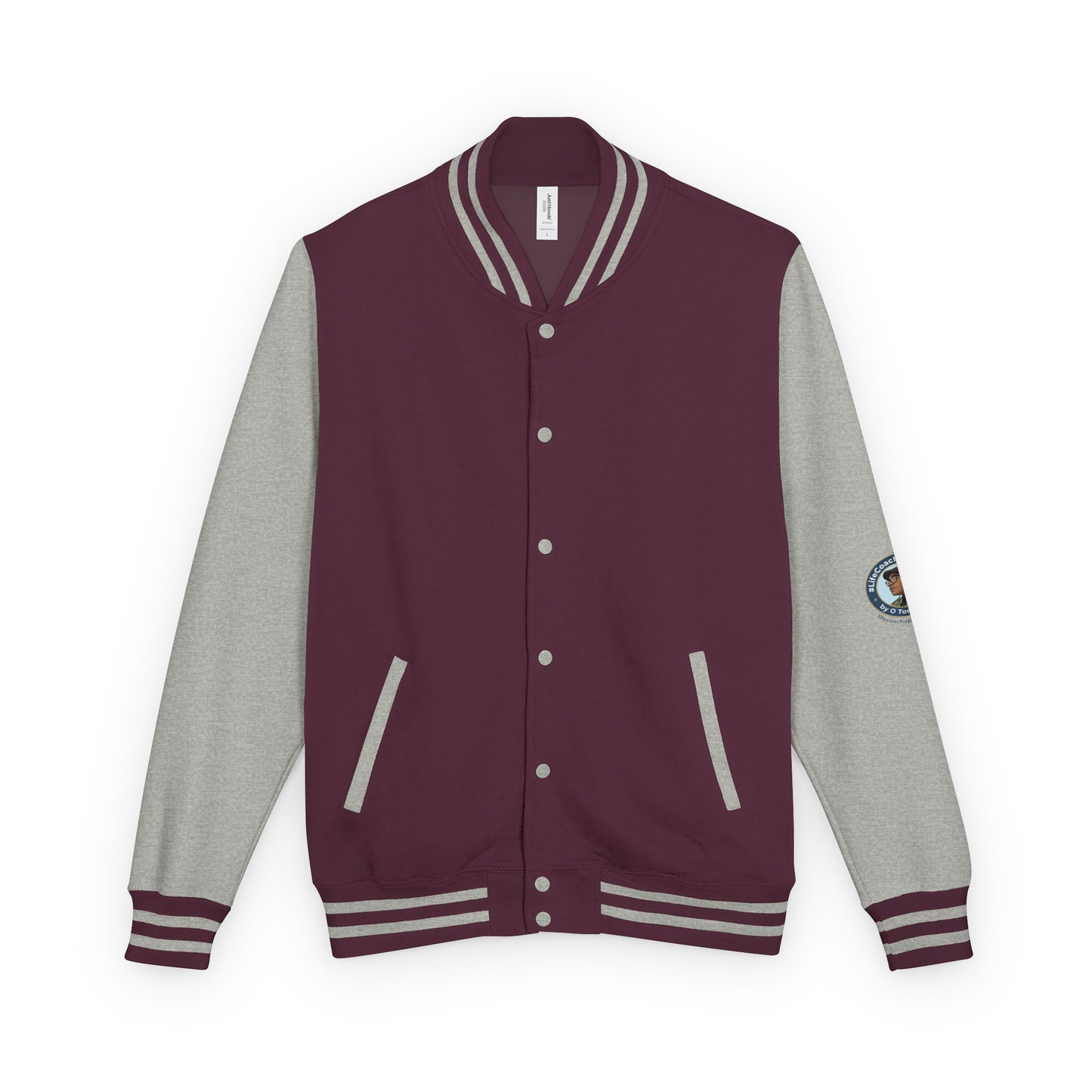 Heavyweight letterman jacket with burgundy body, heather gray sleeves, striped rib trim, snap buttons